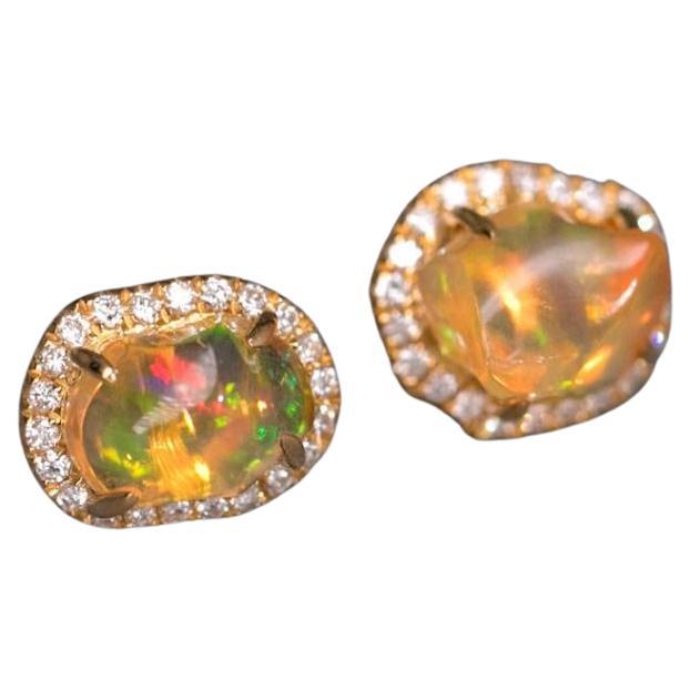 Asymmetrical Mexican Fire Opal Diamond Halo Stud Earrings 18K Yellow Gold For Sale