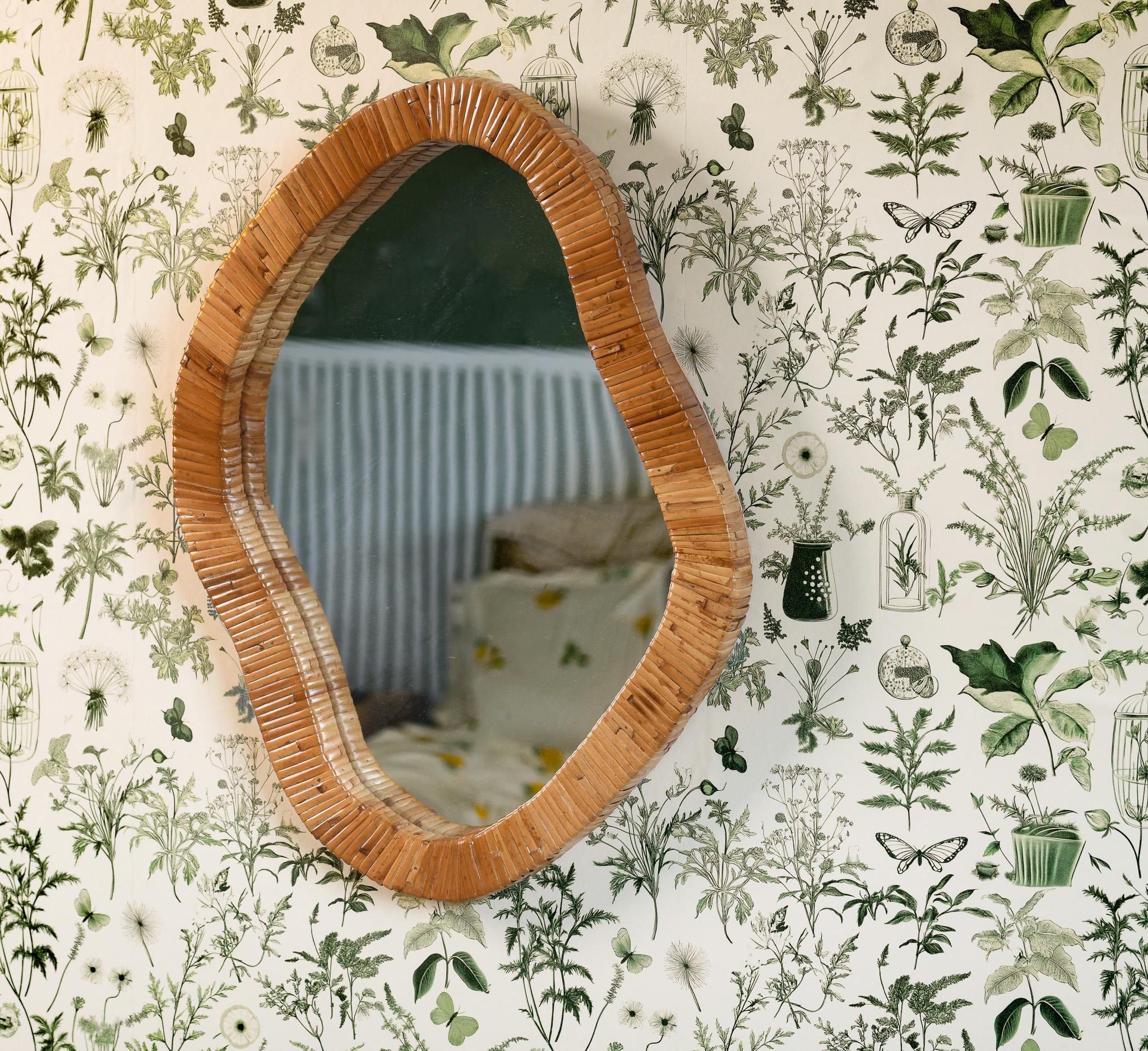 Mid-Century Modern Asymmetrical Mirror, Features Organic Rattan Cane Frame Mirror For Sale