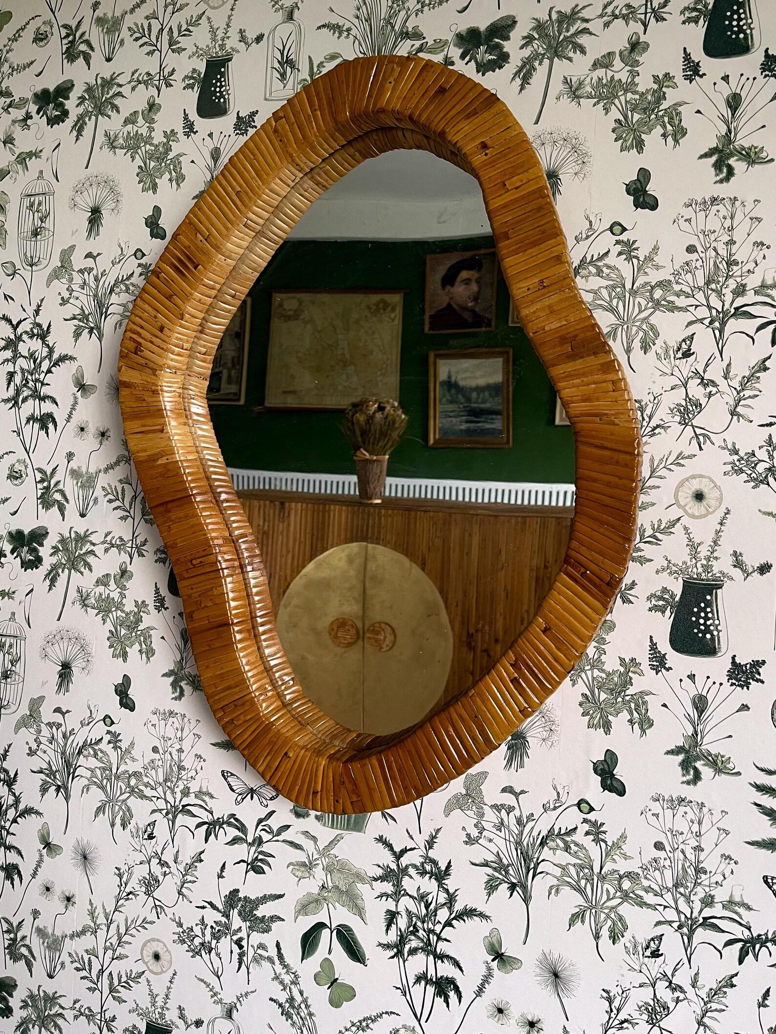 Philippine Asymmetrical Mirror, Features Organic Rattan Cane Frame Mirror For Sale