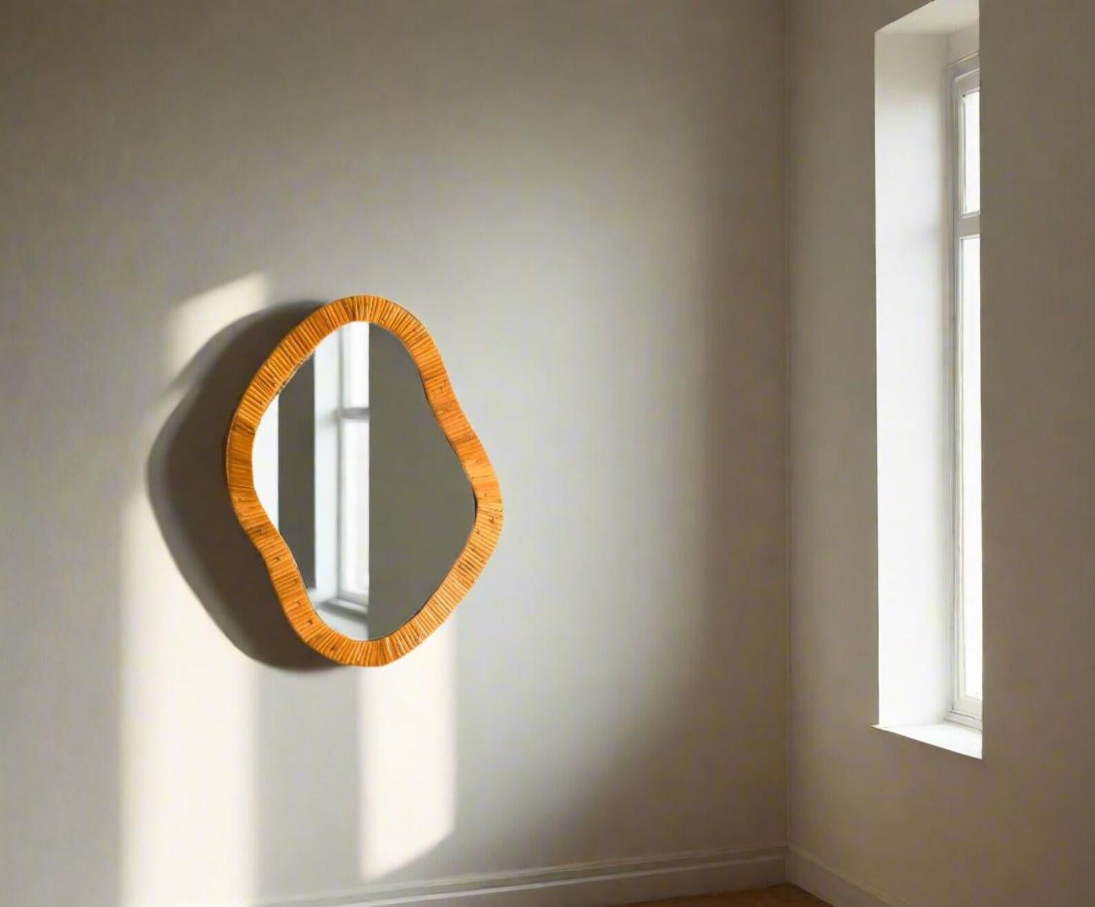 Hand-Crafted Asymmetrical Mirror, Features Organic Rattan Cane Frame Mirror For Sale