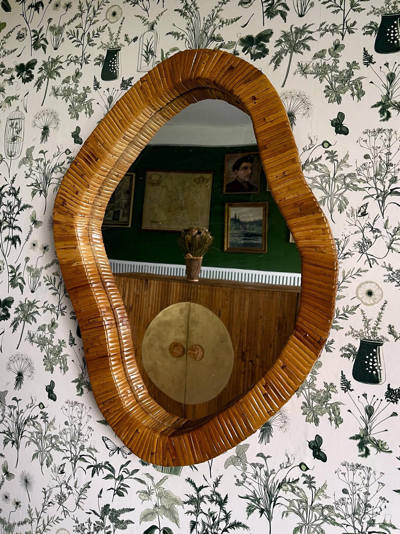 Contemporary Asymmetrical Mirror, Features Organic Rattan Cane Frame Mirror For Sale