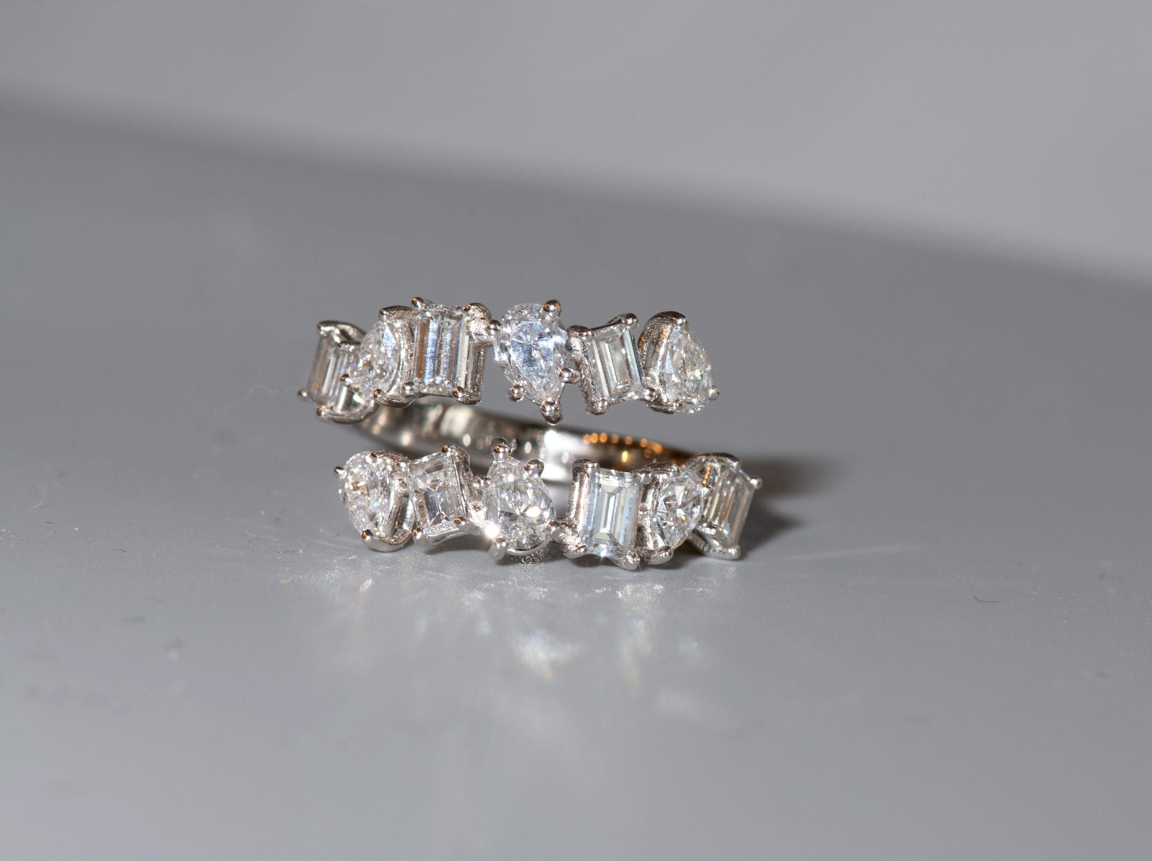 Emerald Cut Asymmetrical mix shape 2.22 carat diamond white gold open ring  For Sale