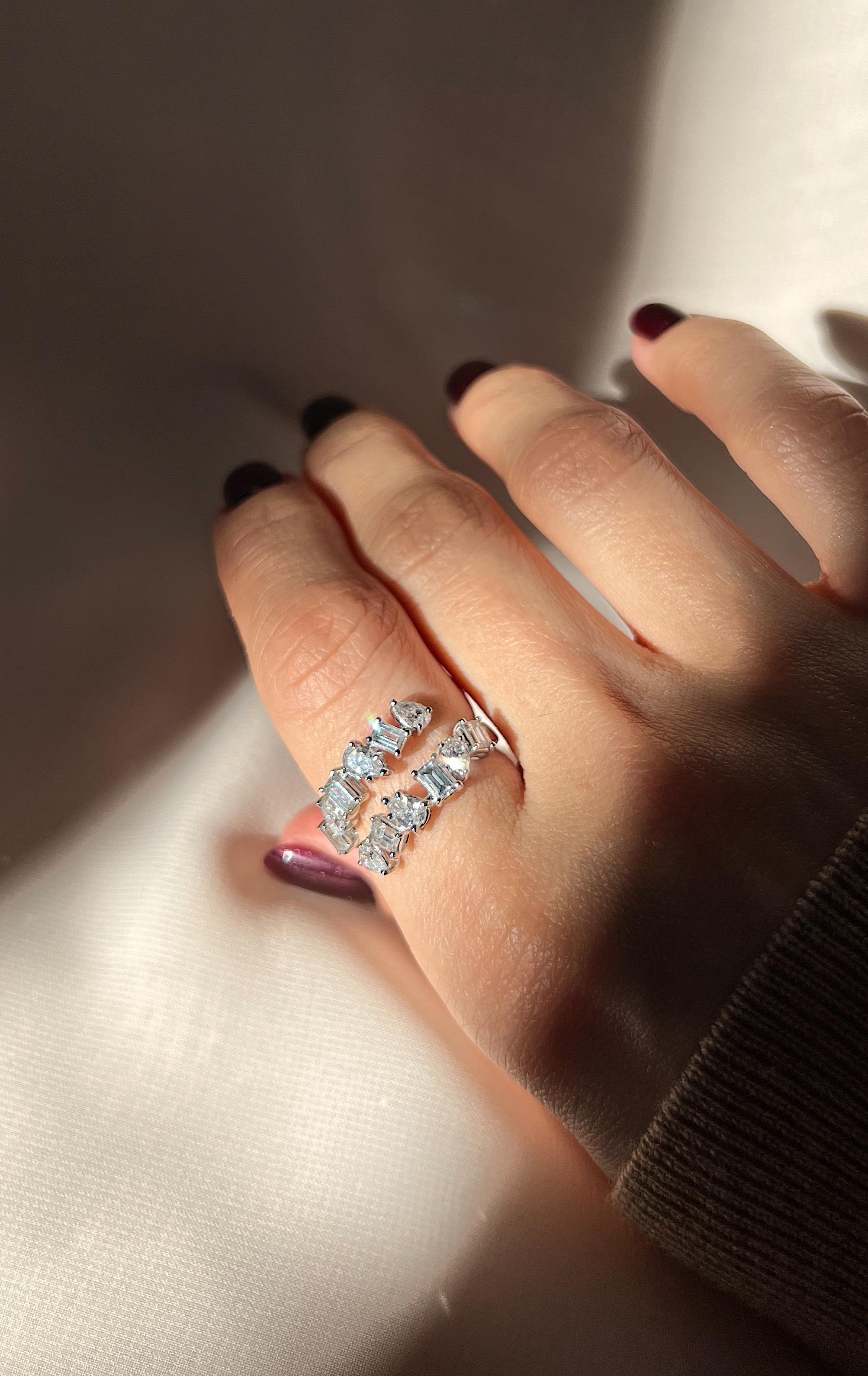 Asymmetrical mix shape 2.22 carat diamond white gold open ring  For Sale 1