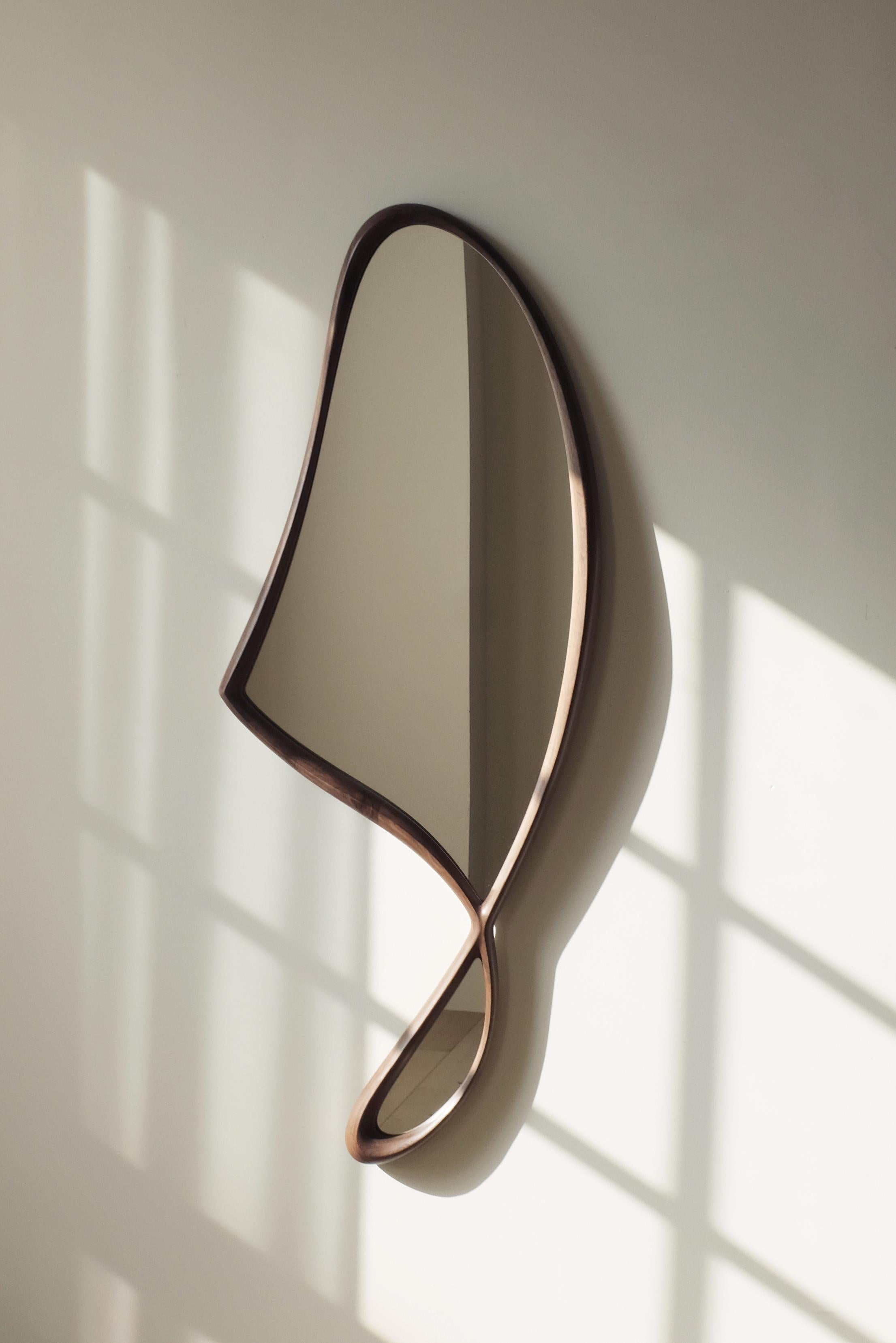 Asymmetrical 'Momentum Mirror II' by Soo Joo , Wall Mirror in Walnut In New Condition For Sale In New York, NY