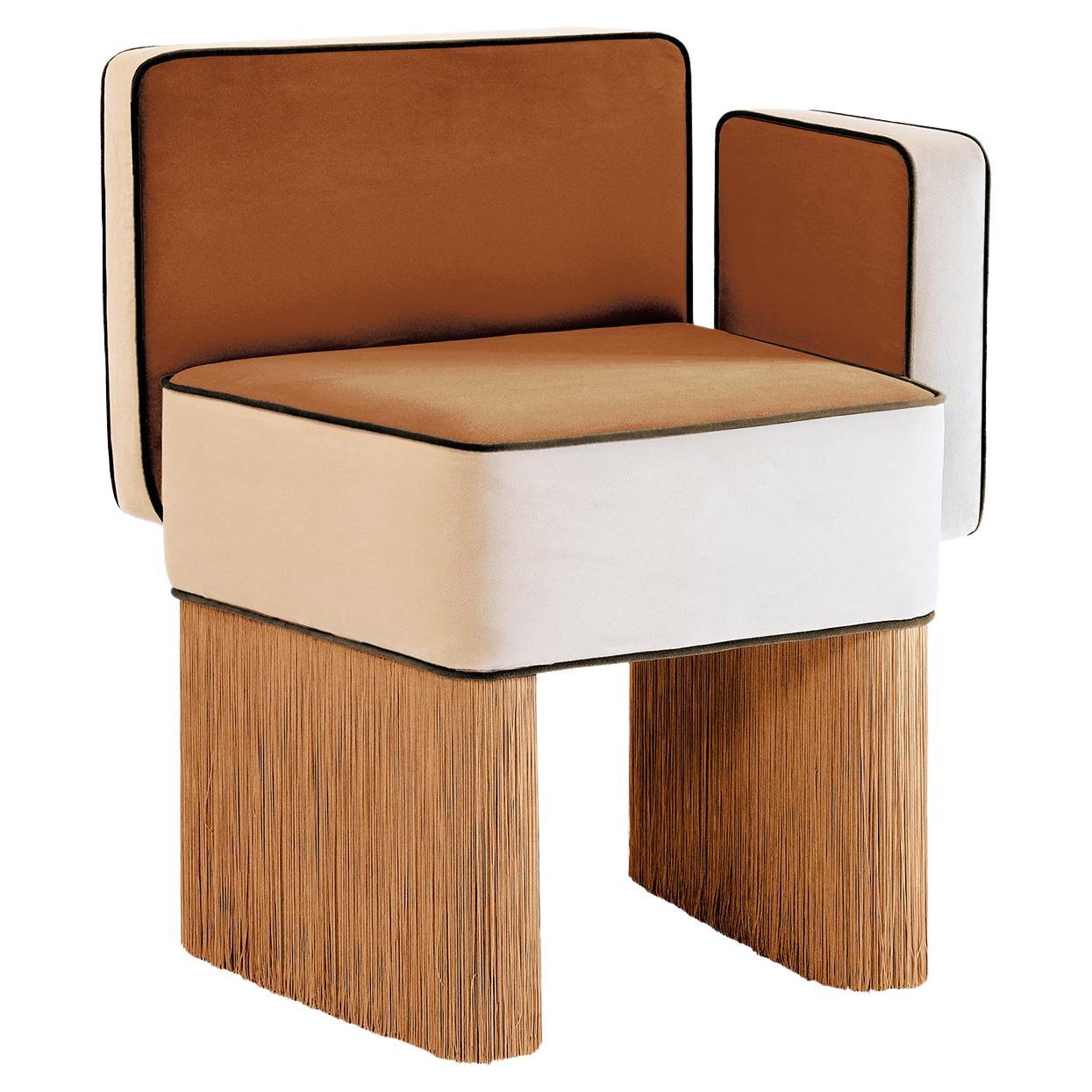 Asymmetrical orange and beige Velvet with fringes Armchair Lorenza Bozzoli For Sale