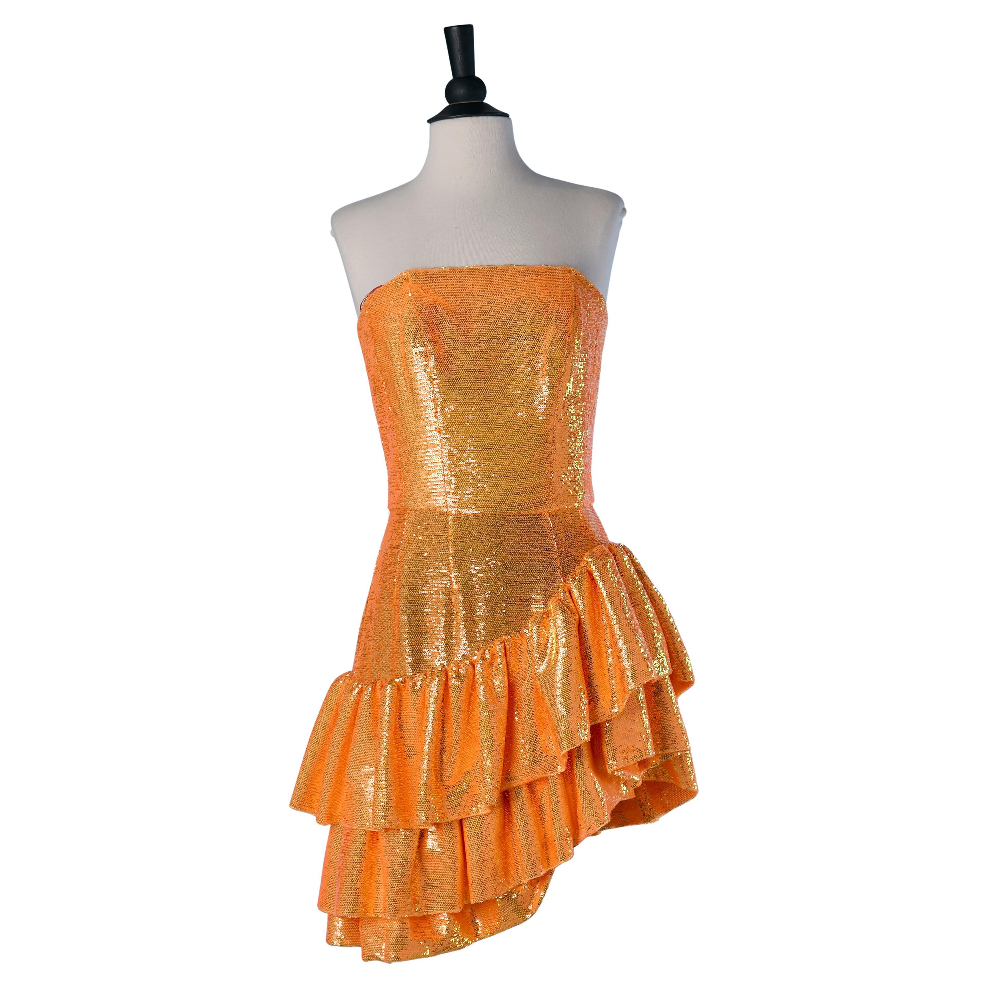Robe bustier asymétrique à volants en sequins orange ALEXANDRE VAUTHIER COUTURE en vente