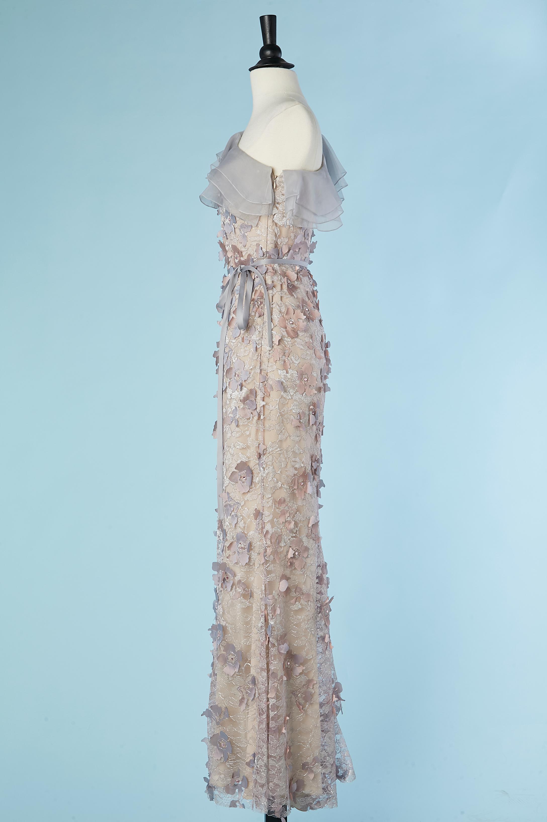 Women's Asymmetrical pastel evening dress with flowers appliqué on lace Lorena Sarbu  For Sale