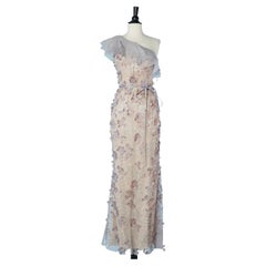 Asymmetrical pastel evening dress with flowers appliqué on lace Lorena Sarbu 