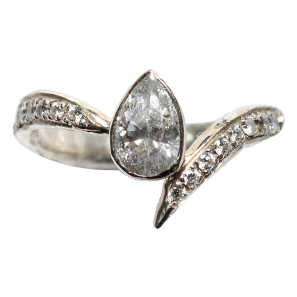 Asymmetrical Pear Diamond Ring in 18 Karat White Gold For Sale