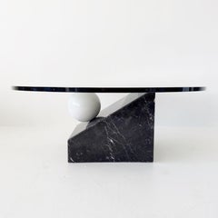 Asymmetrical Postmodern Marble Sphere Coffee Table with Round Glass Top