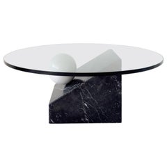 Asymmetrical Postmodern Marble Sphere Coffee Table with Round Glass Top