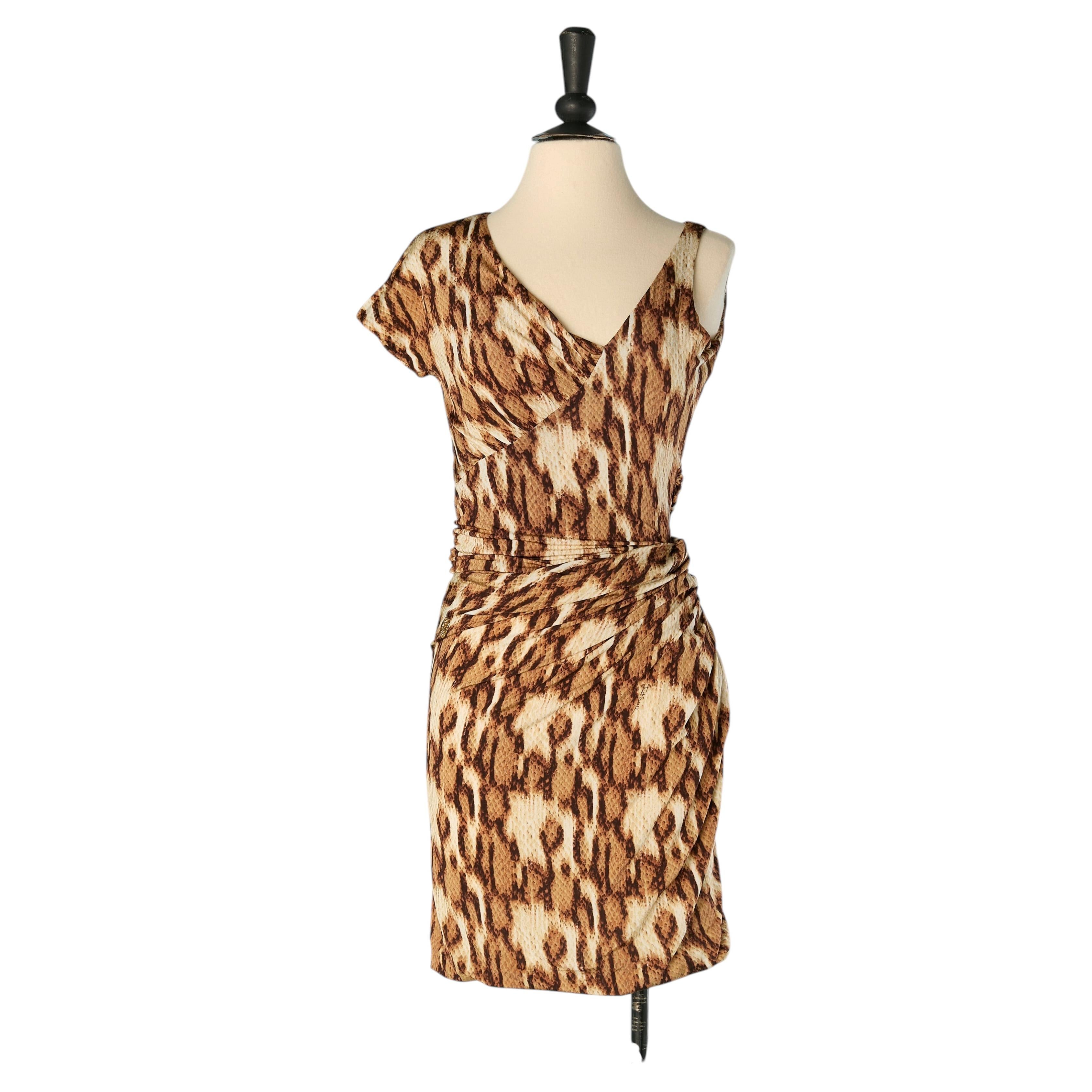Asymmetrical printed and draped jersey cocktail dress JUST CAVALLI