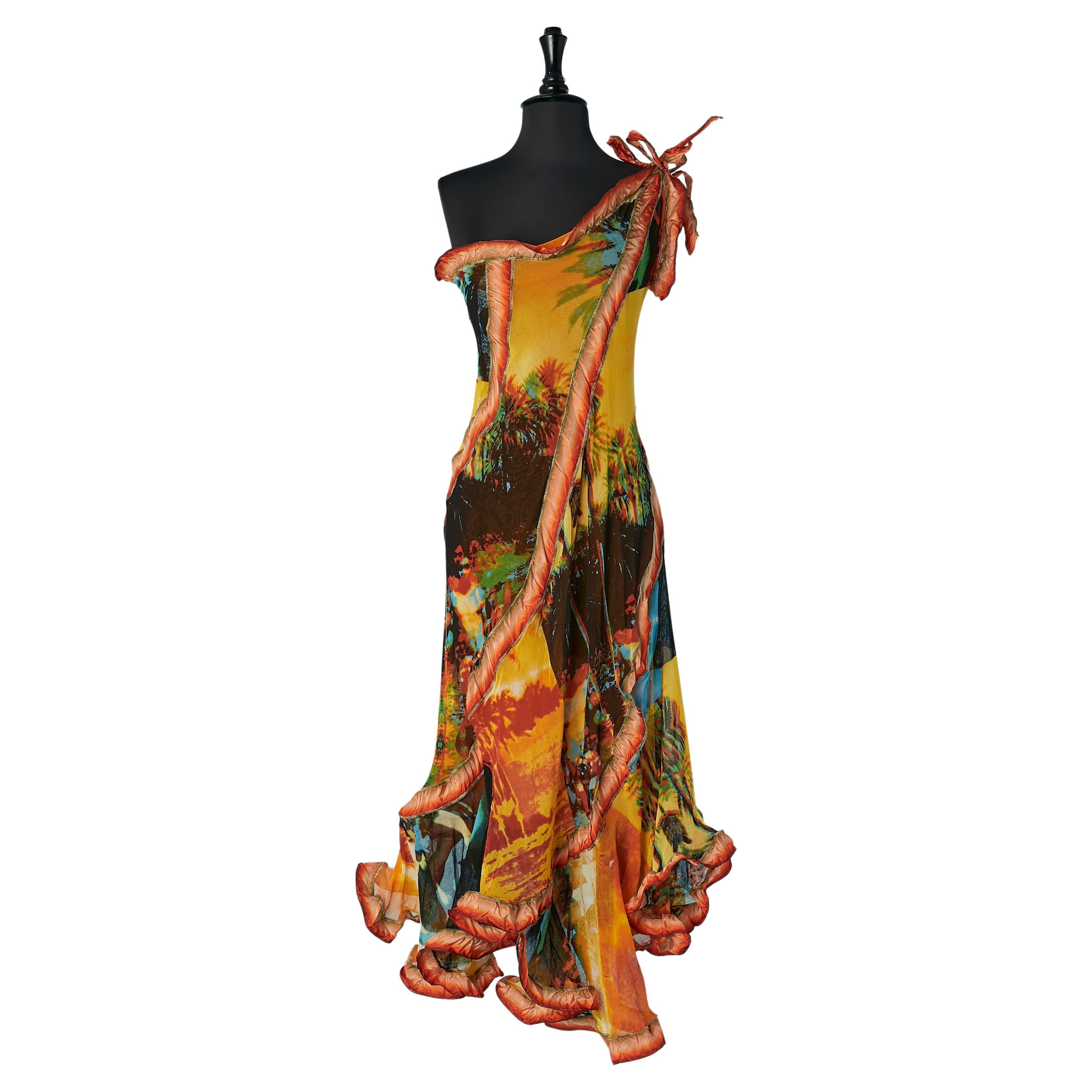 Asymmetrical printed dress in printed tulle and taffetas ribbons JPG Maille  For Sale