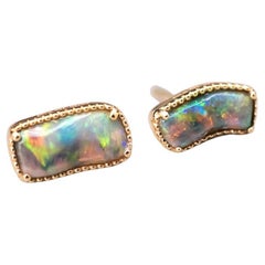 Asymmetrical Rectangle Shaped Black Opal Stud Earrings 18K Yellow Gold