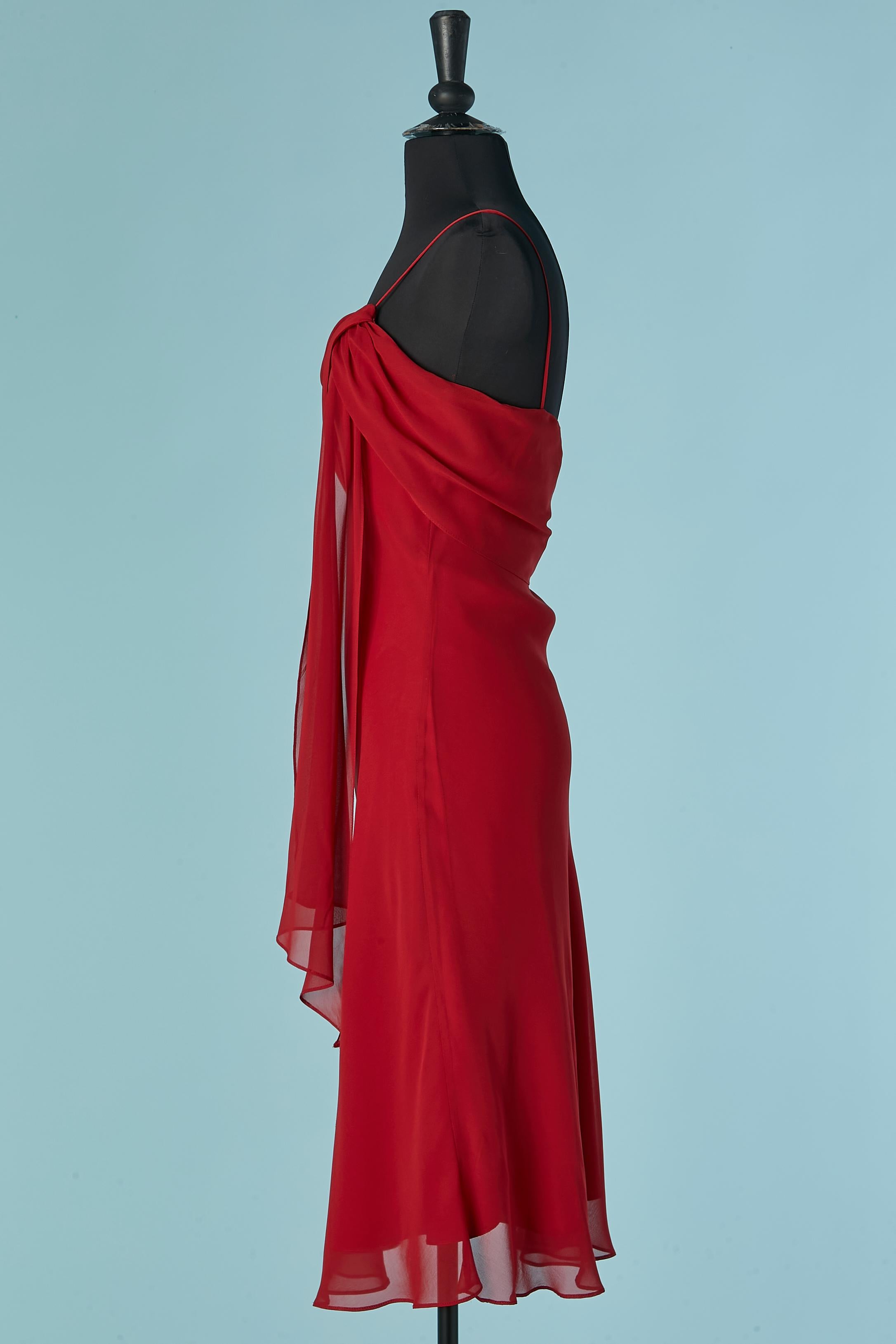 Asymmetrical red silky cocktail dress Lillie Rubin In Excellent Condition For Sale In Saint-Ouen-Sur-Seine, FR