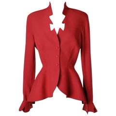 Vintage Asymmetrical ruby red sigle breasted jacket with cut-work collar Thierry Mugler