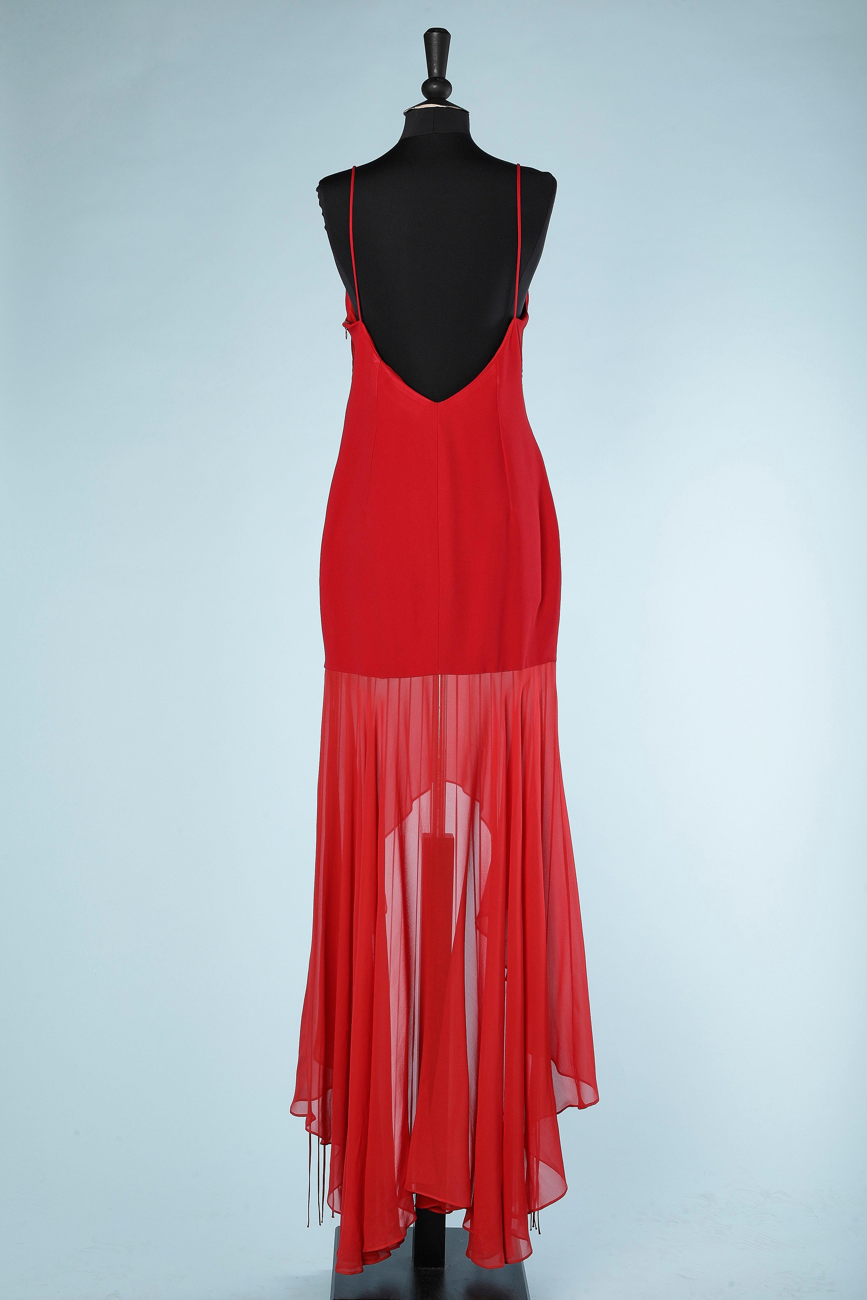 Red Asymmetrical silk  red evening dress with ribbons appliqué Gia Mattiolo Couture  For Sale