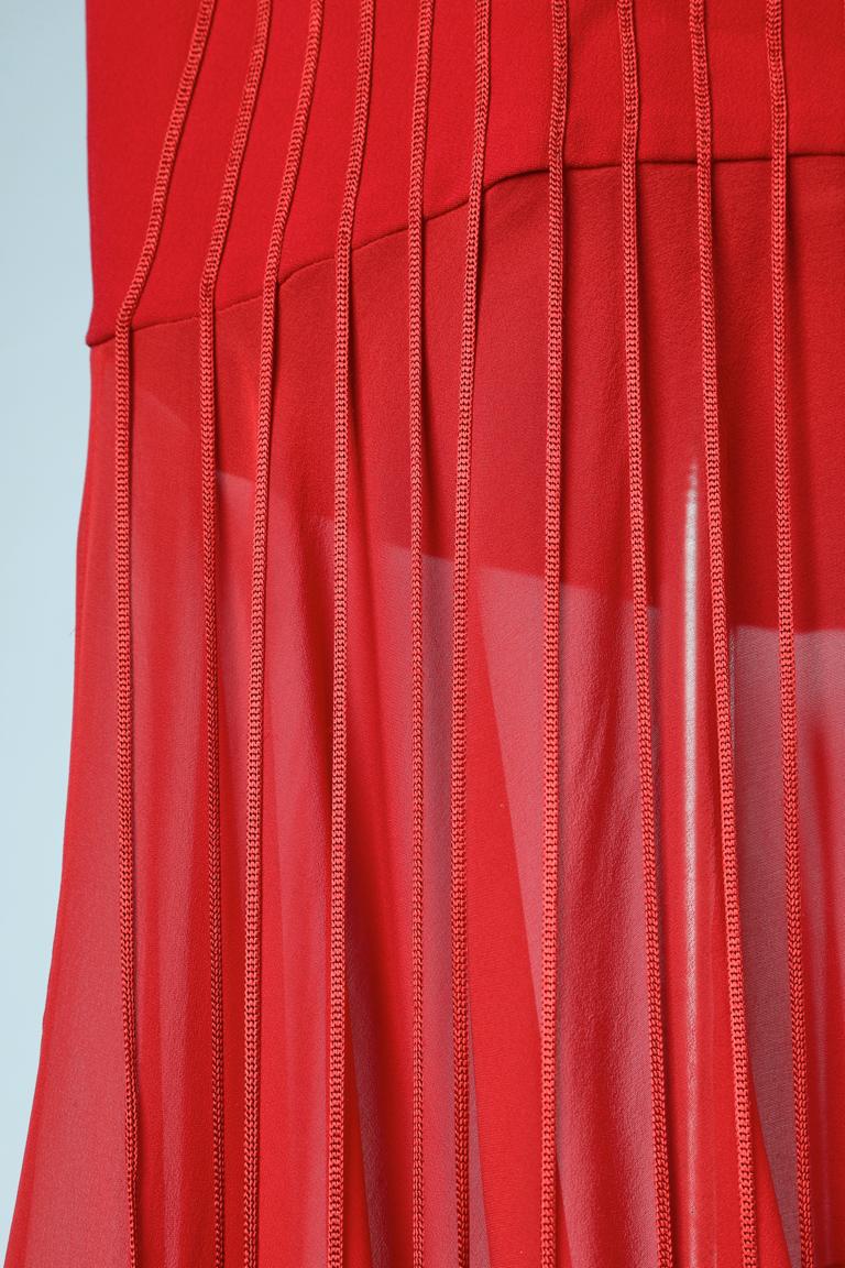 Asymmetrical silk  red evening dress with ribbons appliqué Gia Mattiolo Couture For Sale 2