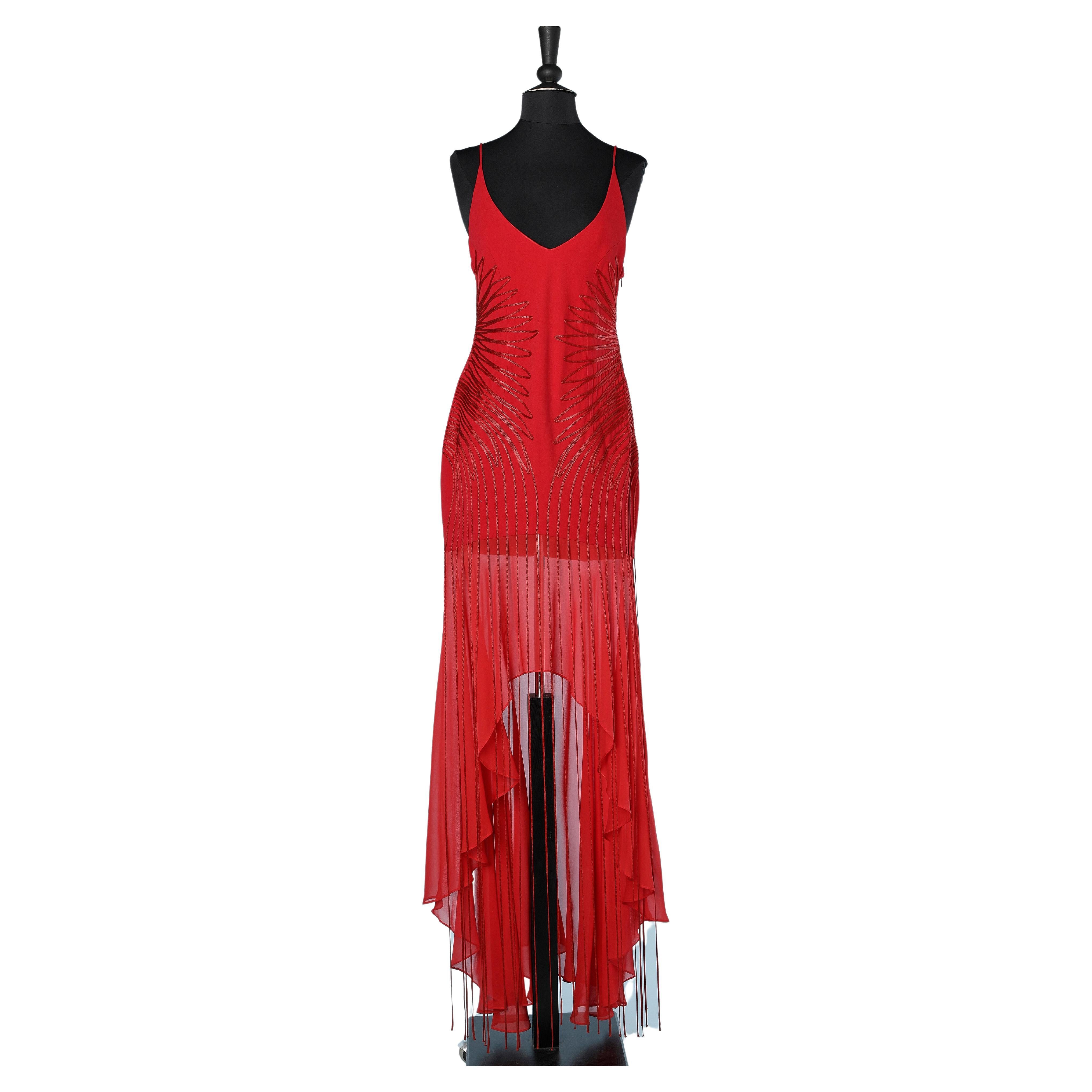 Asymmetrical silk  red evening dress with ribbons appliqué Gia Mattiolo Couture  For Sale