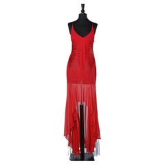 Asymmetrical silk  red evening dress with ribbons appliqué Gia Mattiolo Couture 