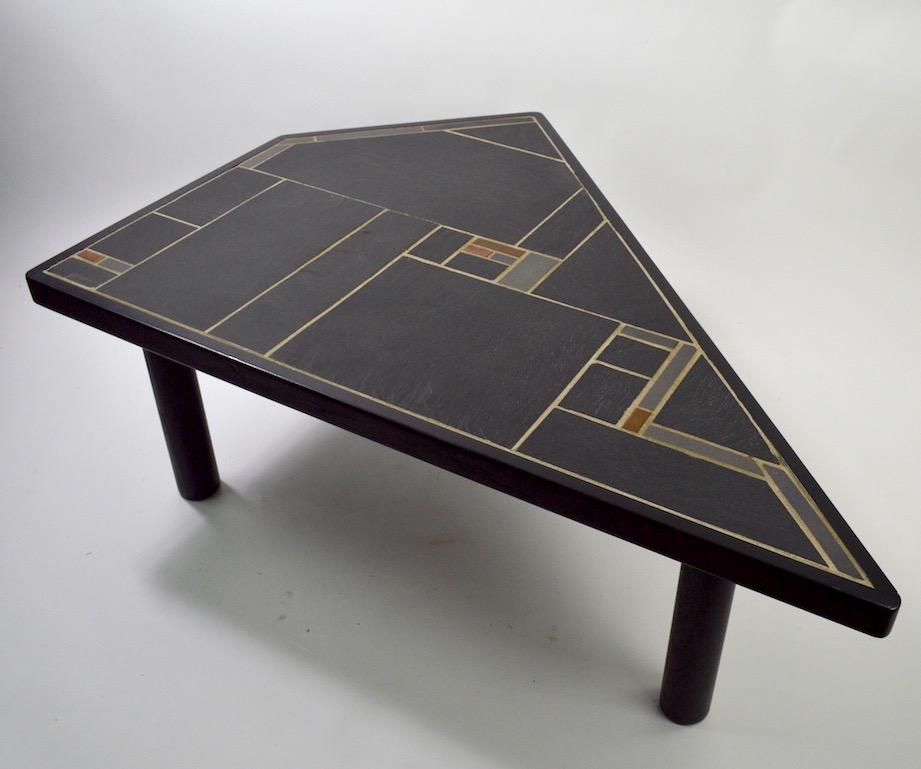 Great architectural asymmetrical coffee table, Made in Denmark by Sallingboe Jelling. Geometric inset slate and tile top, black finish oak frame and thick cylindrical legs. Nice clean original condition, ready to use. Please view the companion