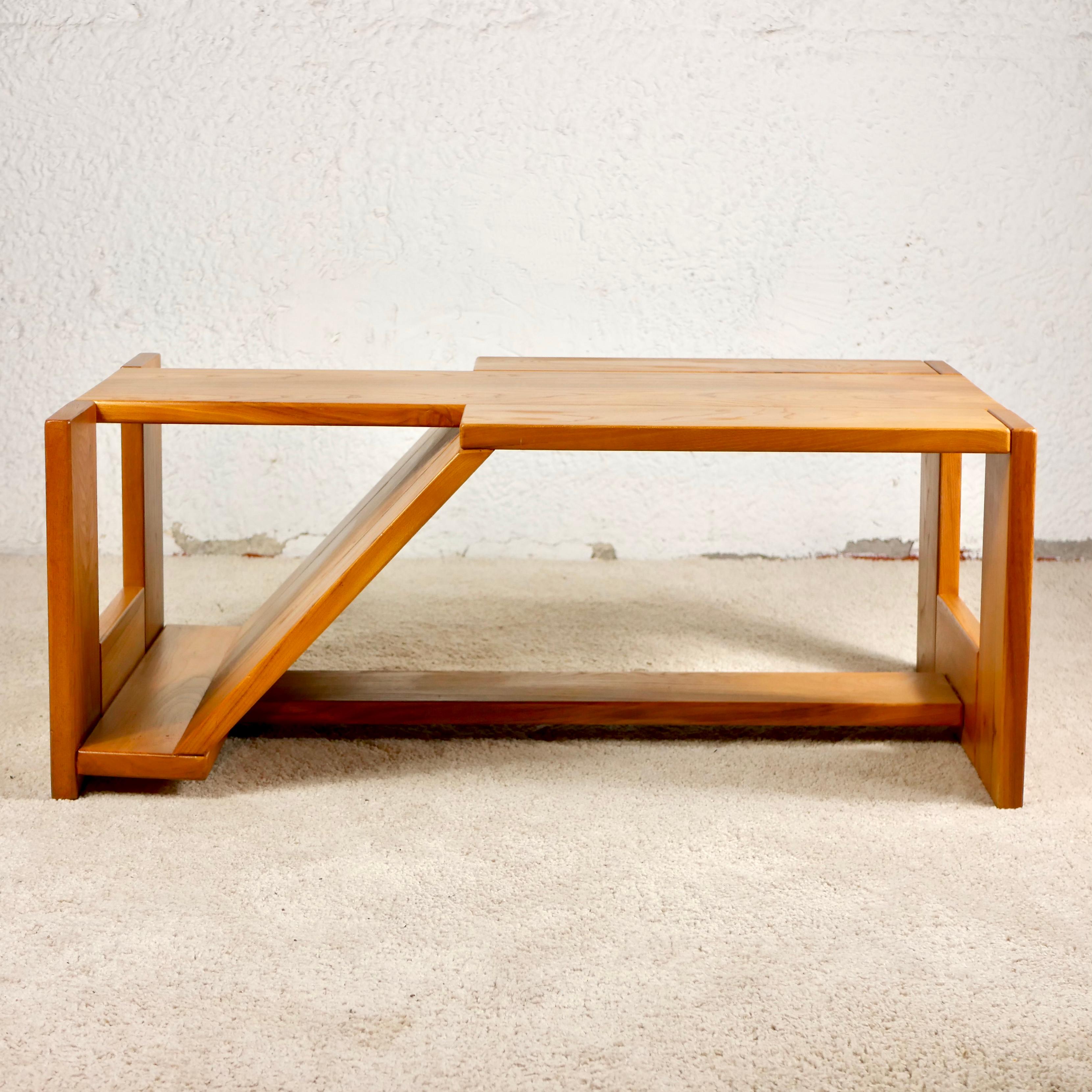French Asymmetrical Solid Elm Coffee Table by Maison Regain, France 1980s
