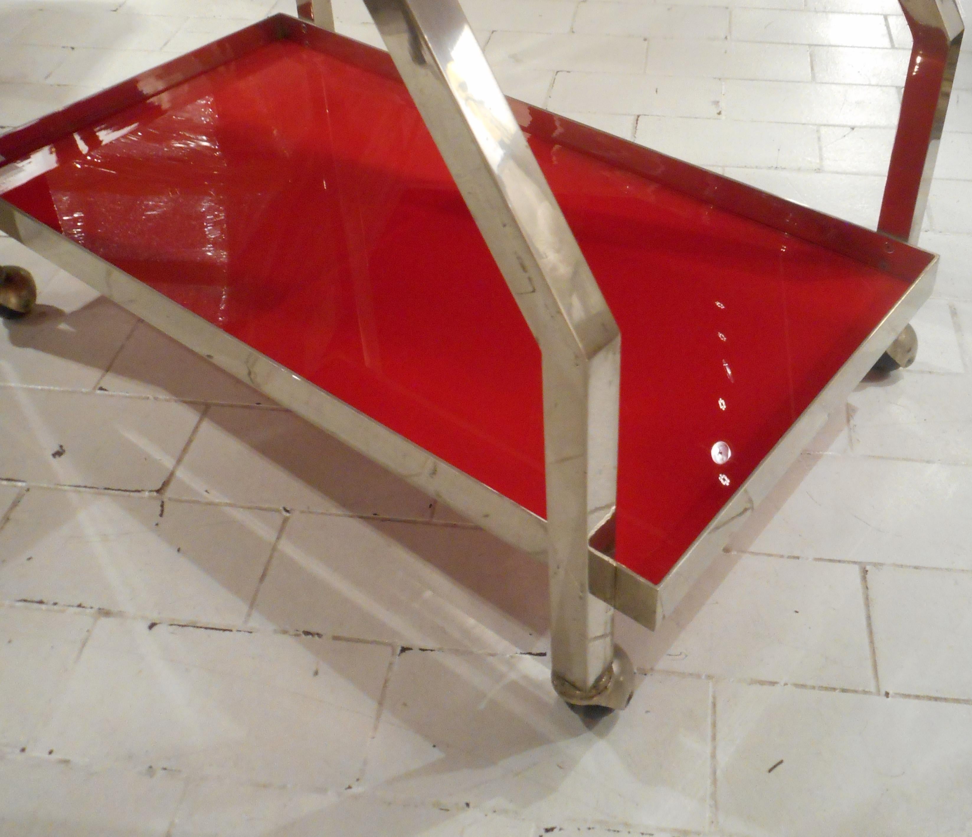 Two-tier nickel and red opaline trolley. Asymmetrical shape, circa 1970.