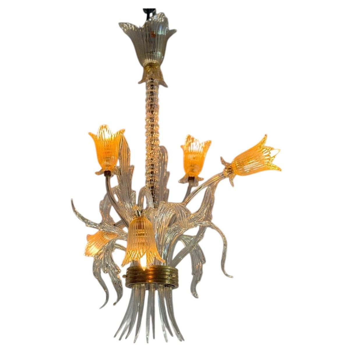 Asymmetrischer venezianischer Kronleuchter aus farblosem und goldenem Murano-Glas, um 1980