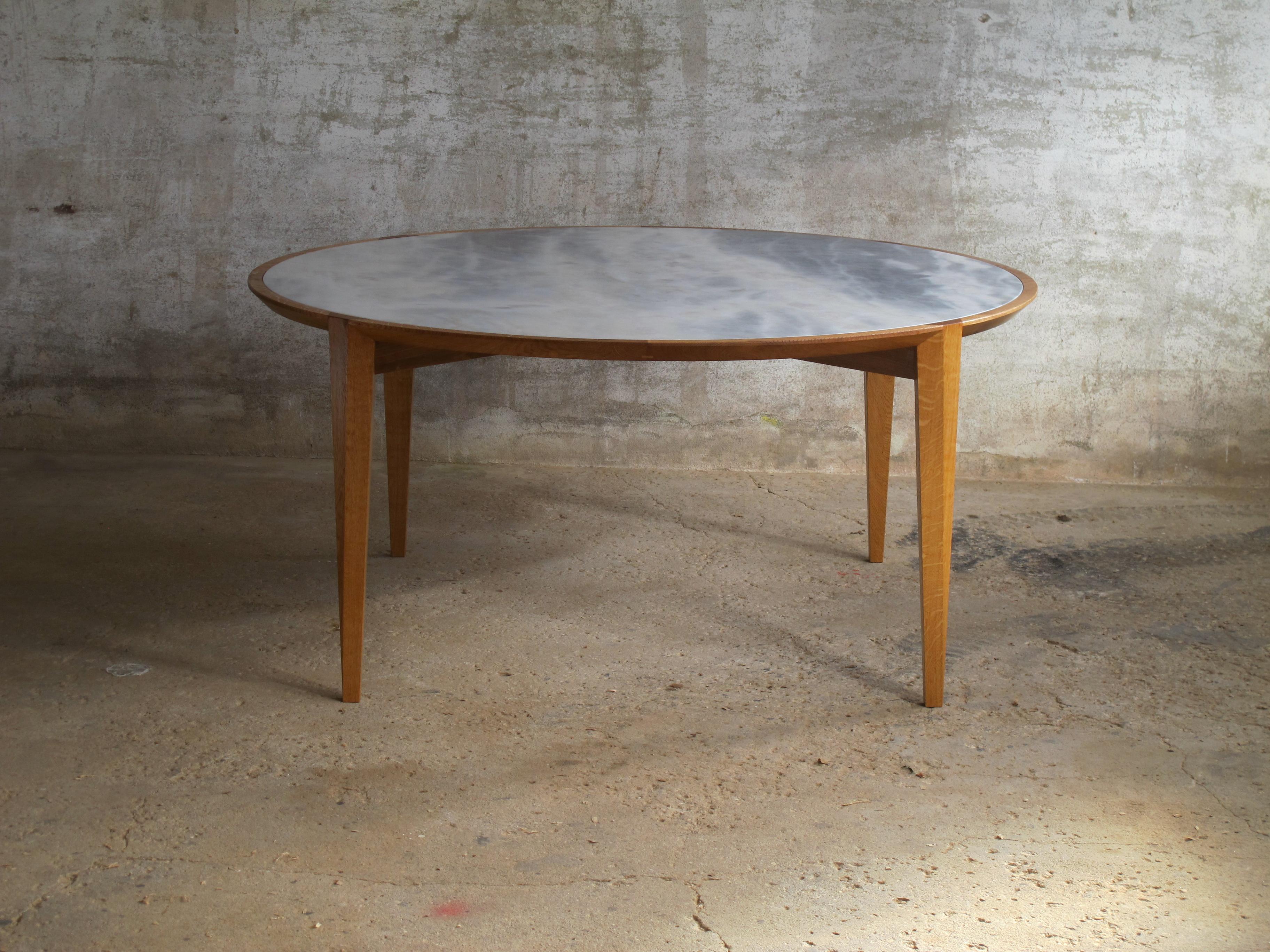 Contemporary AT Dining Table, Round, Solid Oak with Estremoz Marble Top by Tomaz Viana For Sale