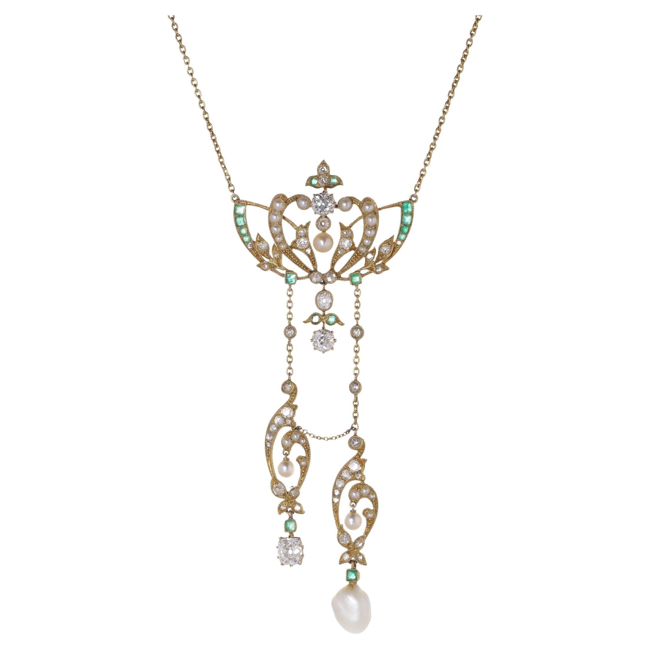 At Nouveau 15kt. gold pendant necklace with diamonds, emeralds and pearls