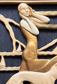 "At the Beach", Art Deco Relief Sculptures, Swimmers and Borzoi, Gold & Ivory