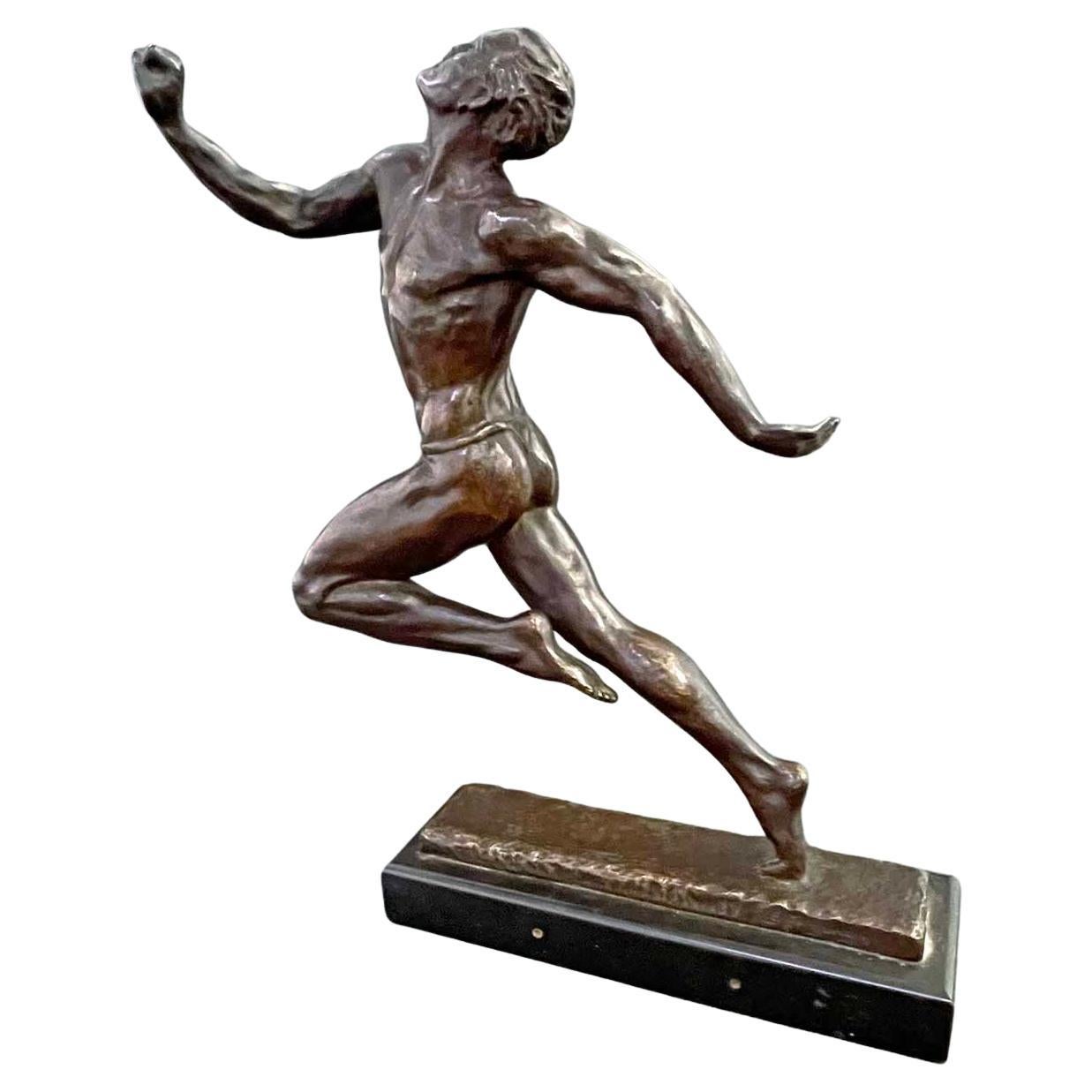 "At the Finish Line, " Rare Art Deco Bronze Runner with Nude Male, Le Faguays For Sale