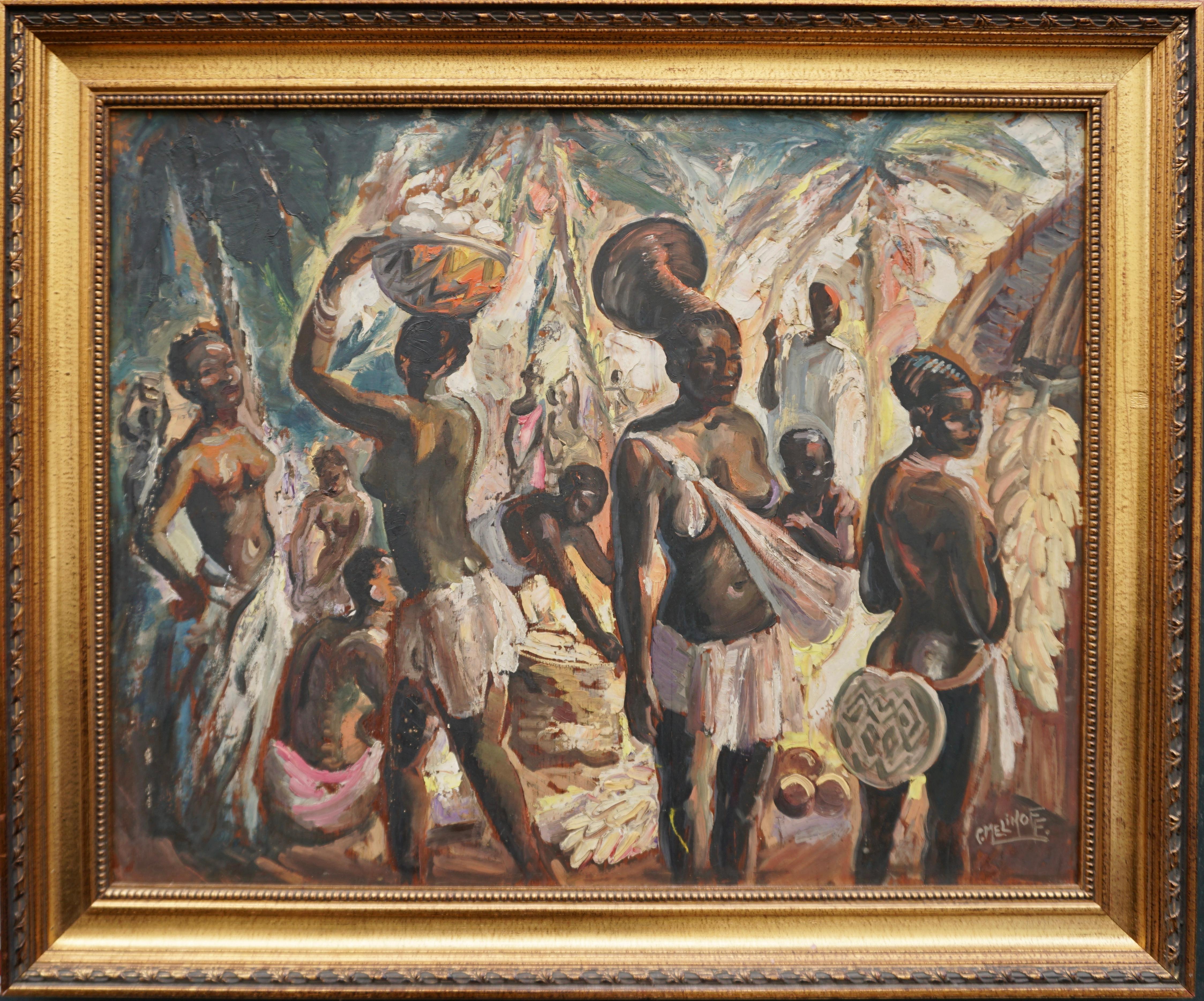„at the Market, Kongo“, großes Art-Déco-Meistergemälde von Charles Melikoff (Moderne der Mitte des Jahrhunderts) im Angebot