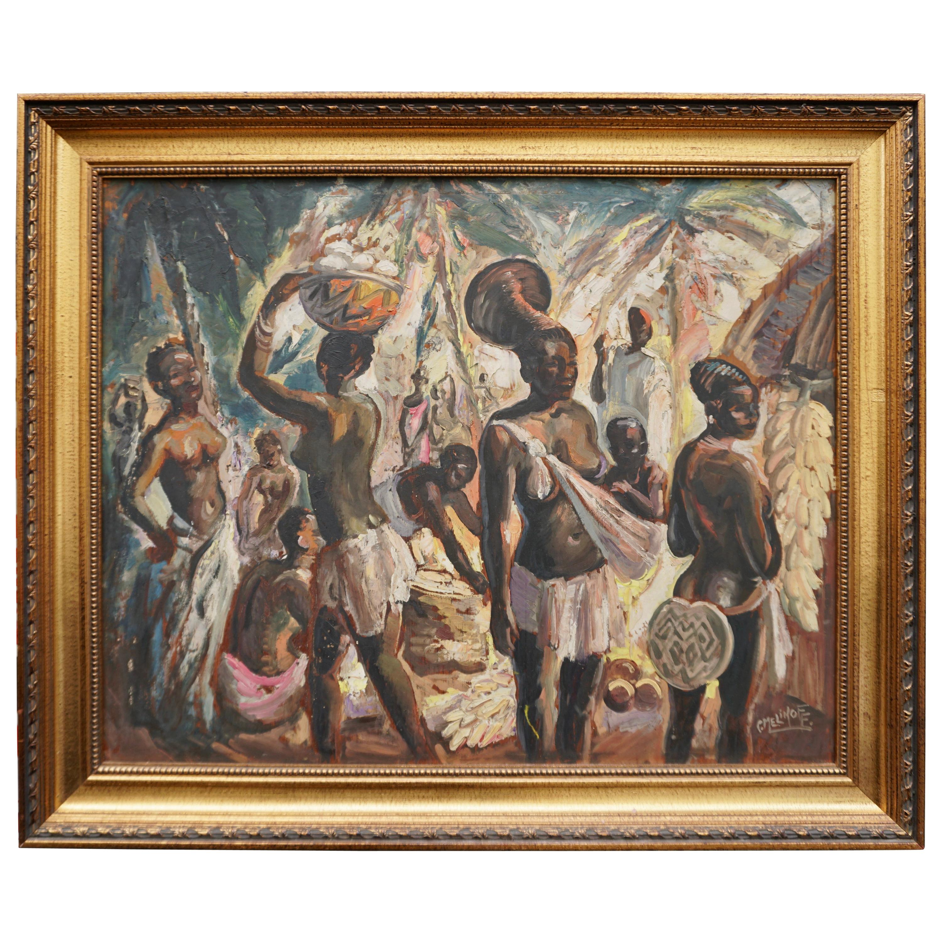 "at the Market, Congo, " Large Art Deco Master Painting by Charles Melikoff