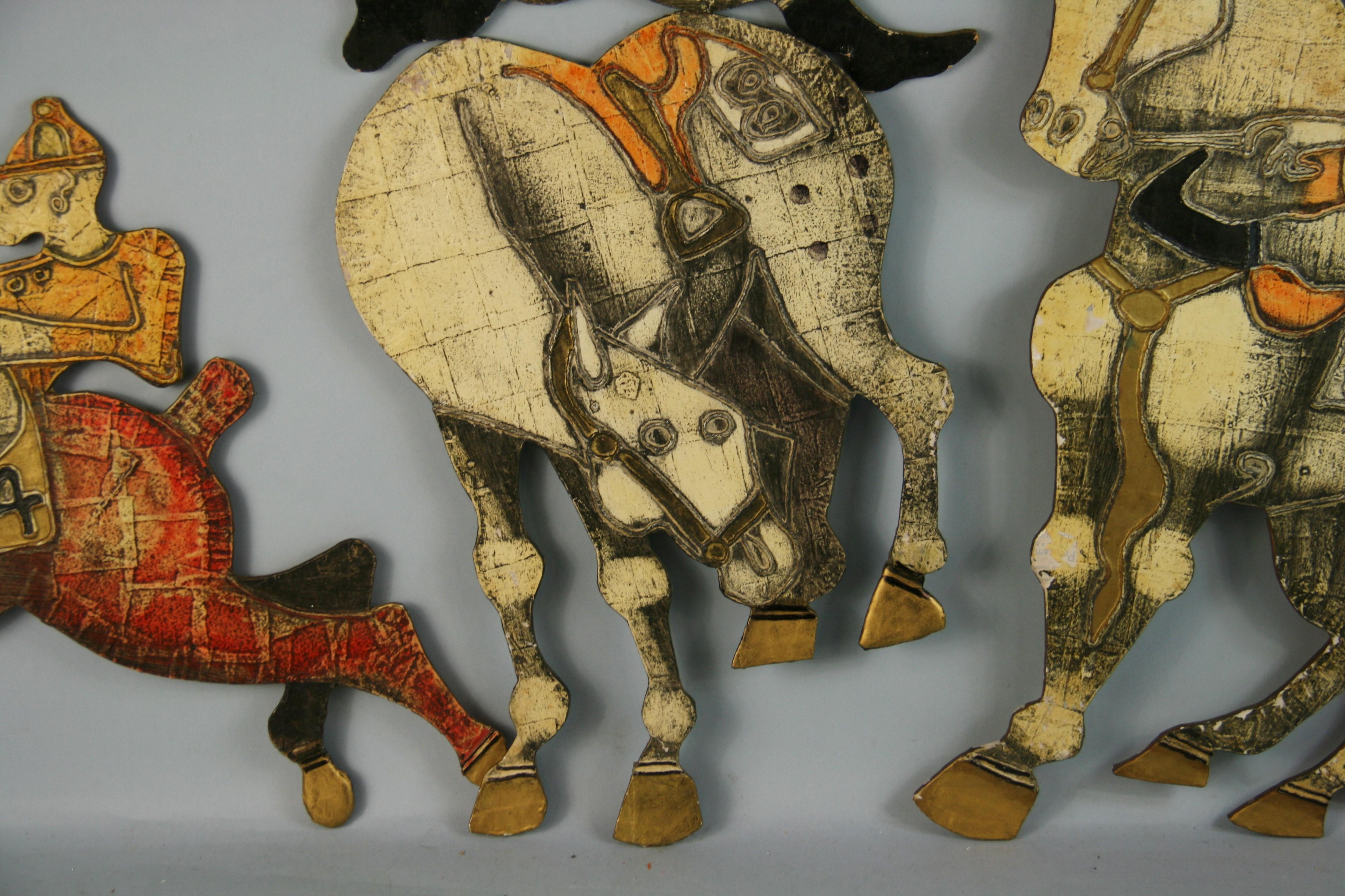 Wood At the Racetrack 4 Piece  Equestrian Wall Sculpture For Sale
