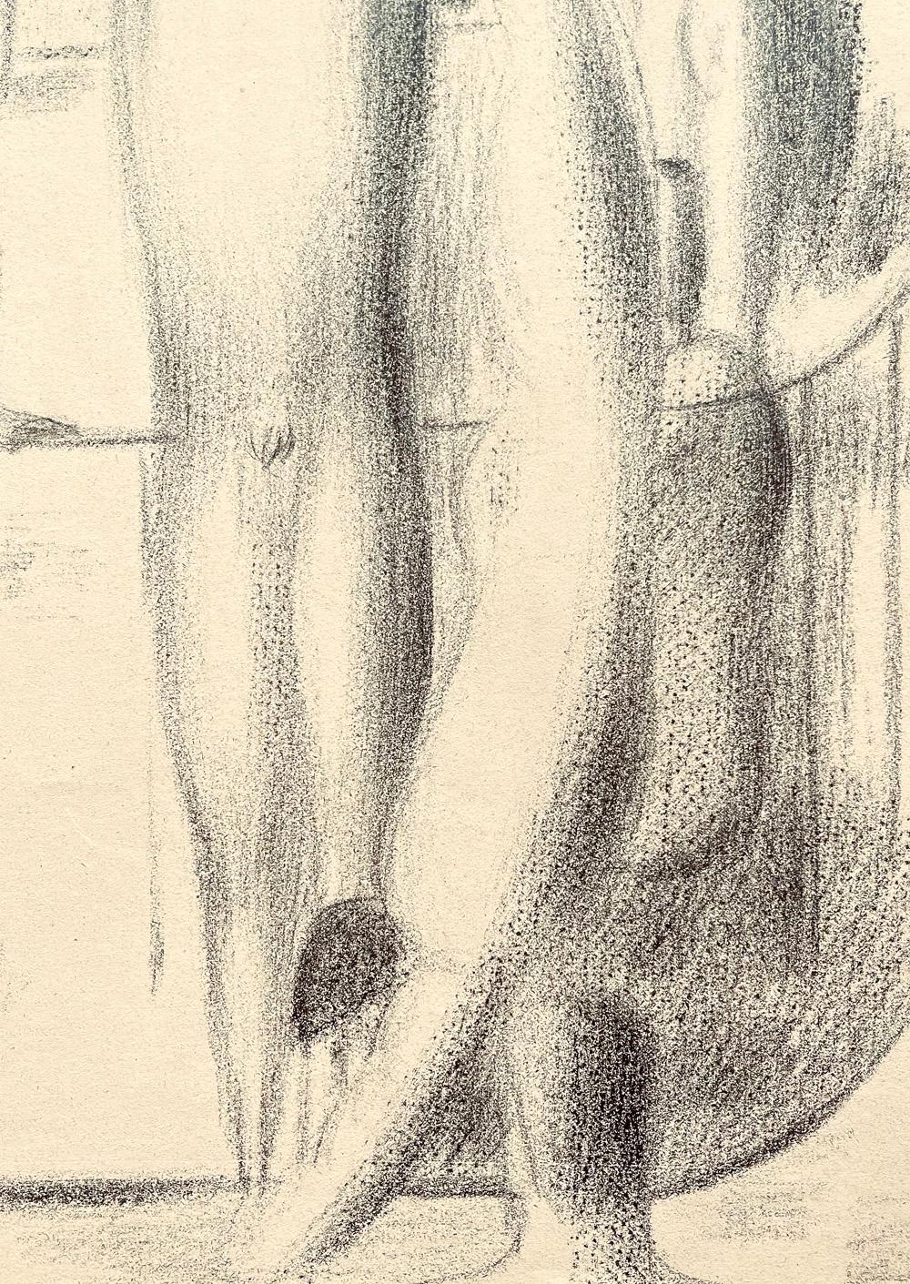Lovely and atmospheric, this drawing of a series of male nude figures at the swimming pool -- one diving, one readying to dive, others at the mirror or quietly observing -- was created by Walter Wörn in the late 1940s. The artist was fascinated with