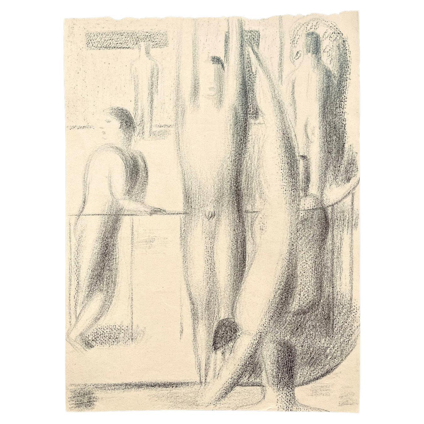 "at the Swimming POOL, " Ghostly Male Nudes, Art Deco Drawing, Late 1940s