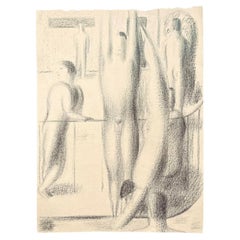 "at the Swimming POOL, " Ghostly Male Nudes, Art Deco Drawing, Late 1940s