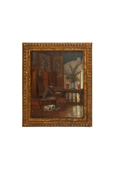 At Work: 1905 Painting of a Writer and His Dog in a Chic Salon, Signed J. Barcal