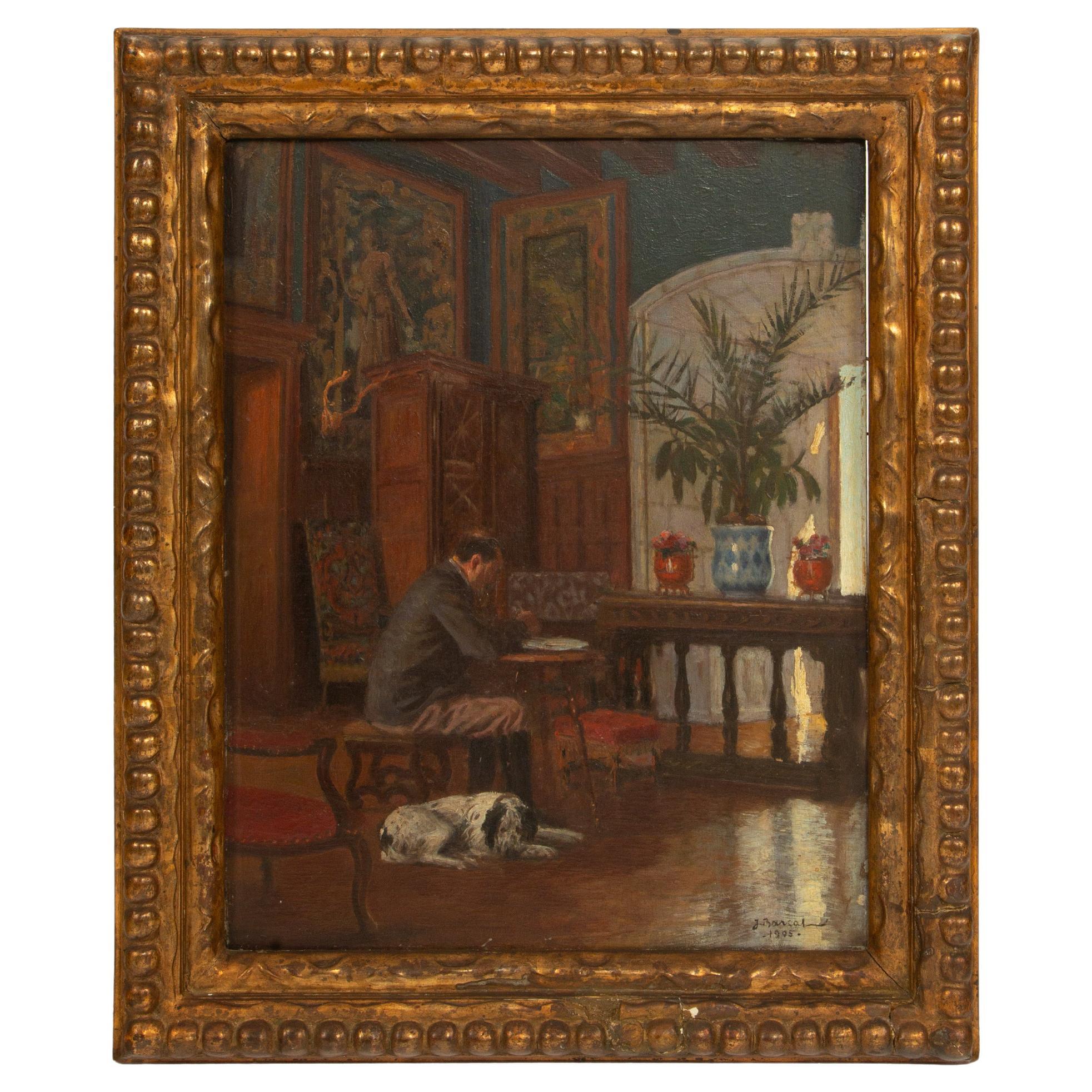 At Work: 1905 Painting of a Writer and His Dog in a Chic Salon, Signed J. Barcal For Sale