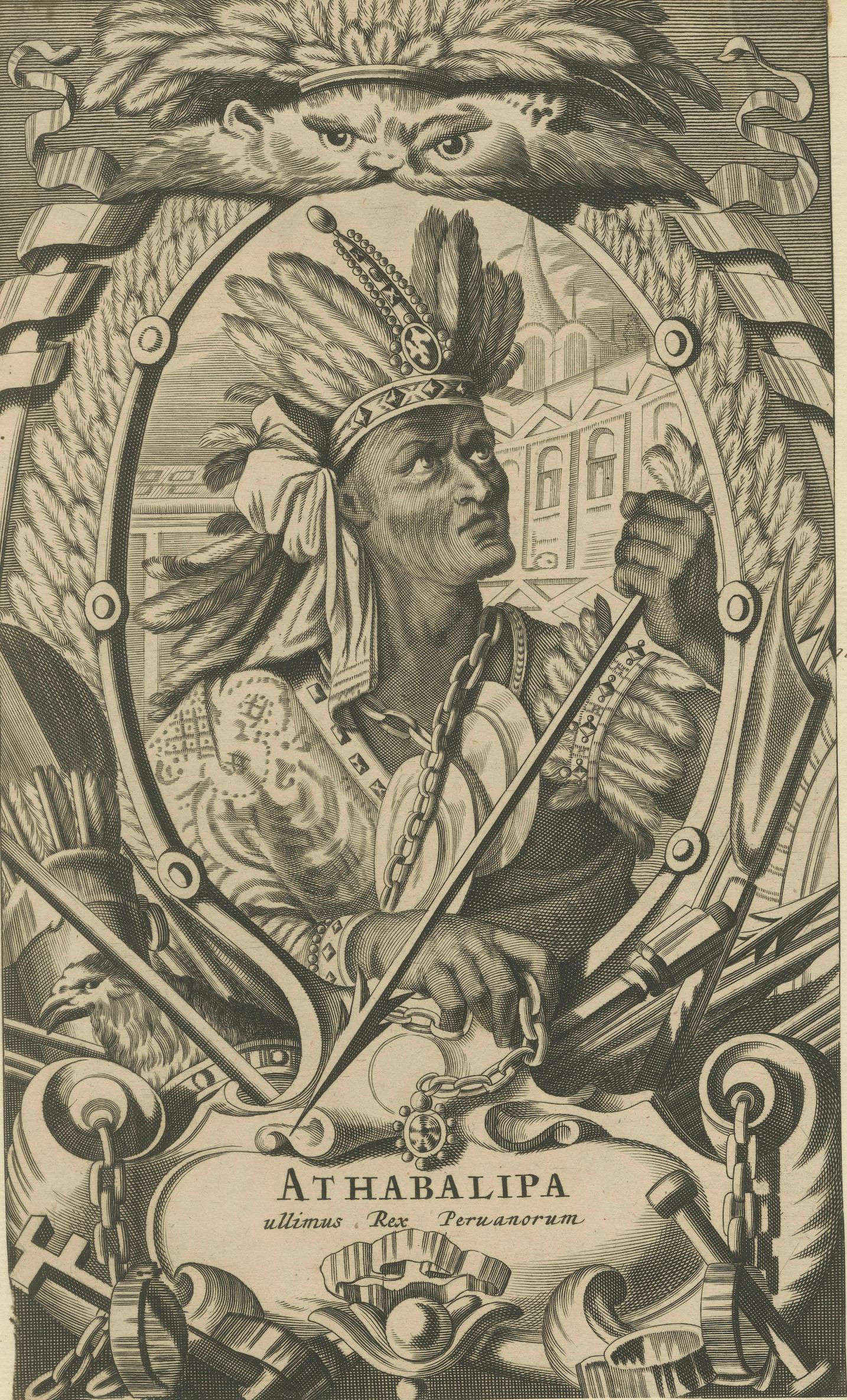 Atahualpa – Last Inca Emperor of Peru – Baroque Engraving c.1700

Description:
This striking antique engraving depicts Atahualpa, the last sovereign emperor of the Inca Empire, here rendered under the Latinised name ‘Athabalipa’ with the caption