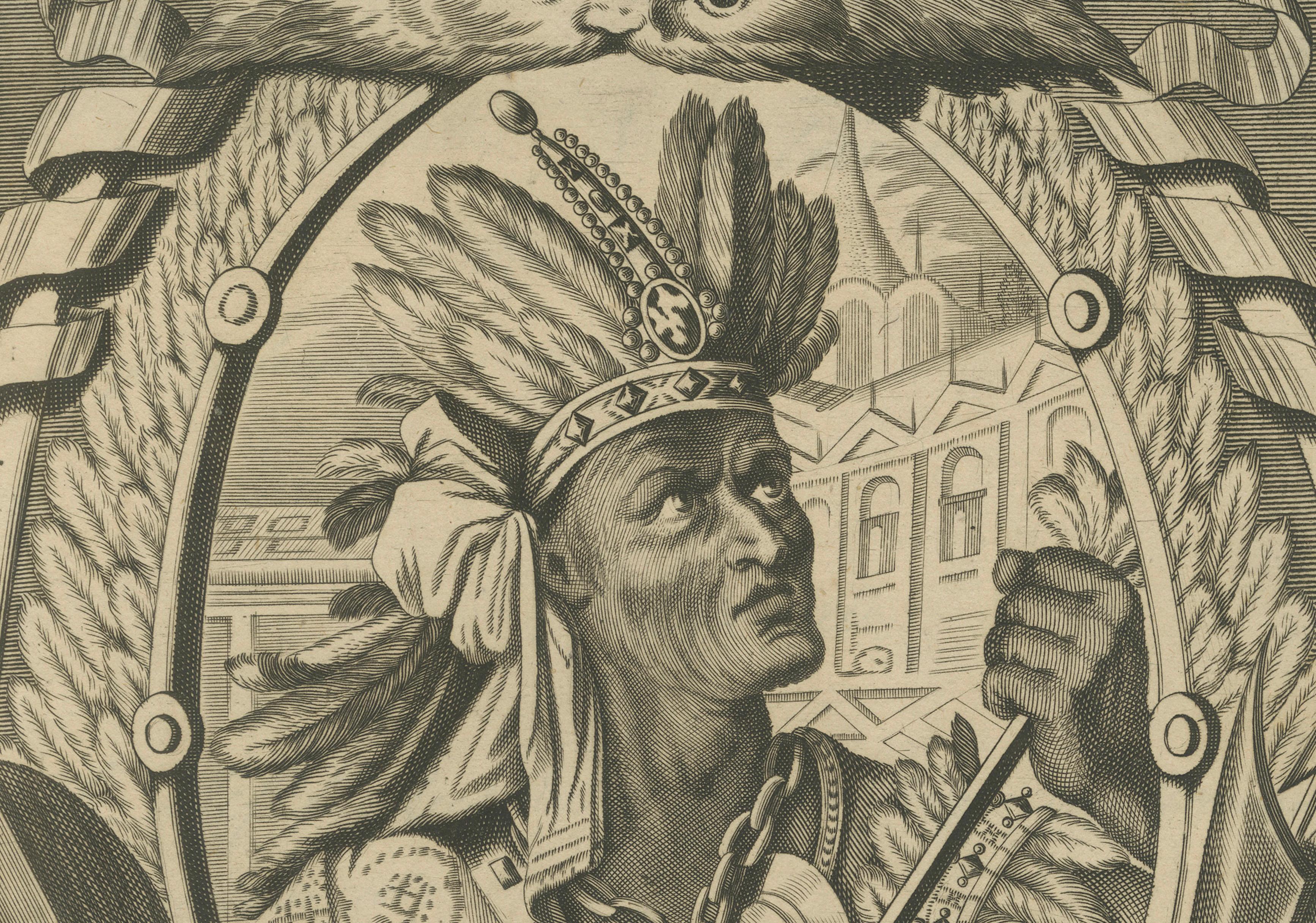 European Atahualpa – Last Inca Emperor of Peru – Baroque Engraving c.1700 For Sale