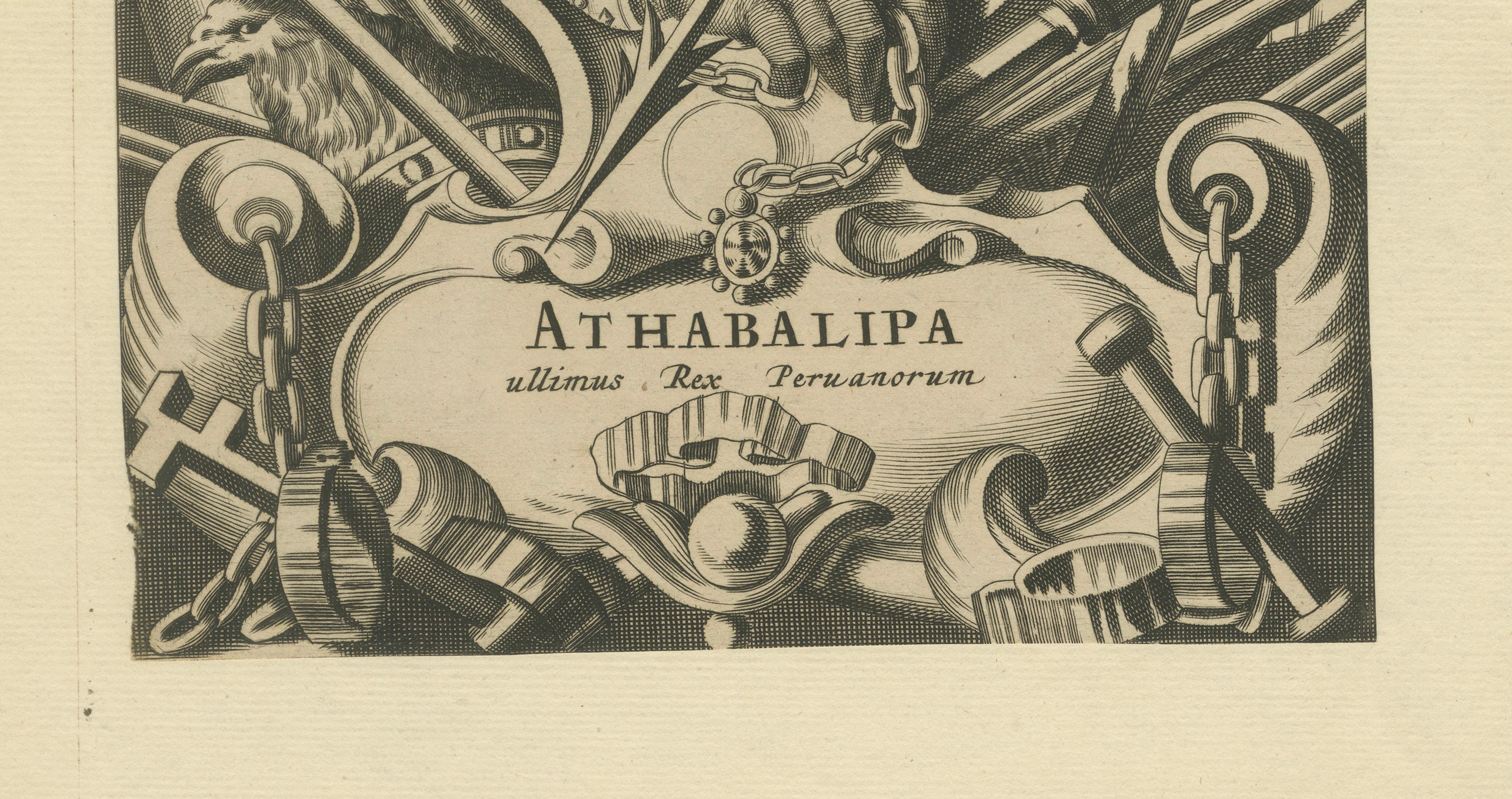 18th Century Atahualpa – Last Inca Emperor of Peru – Baroque Engraving c.1700 For Sale
