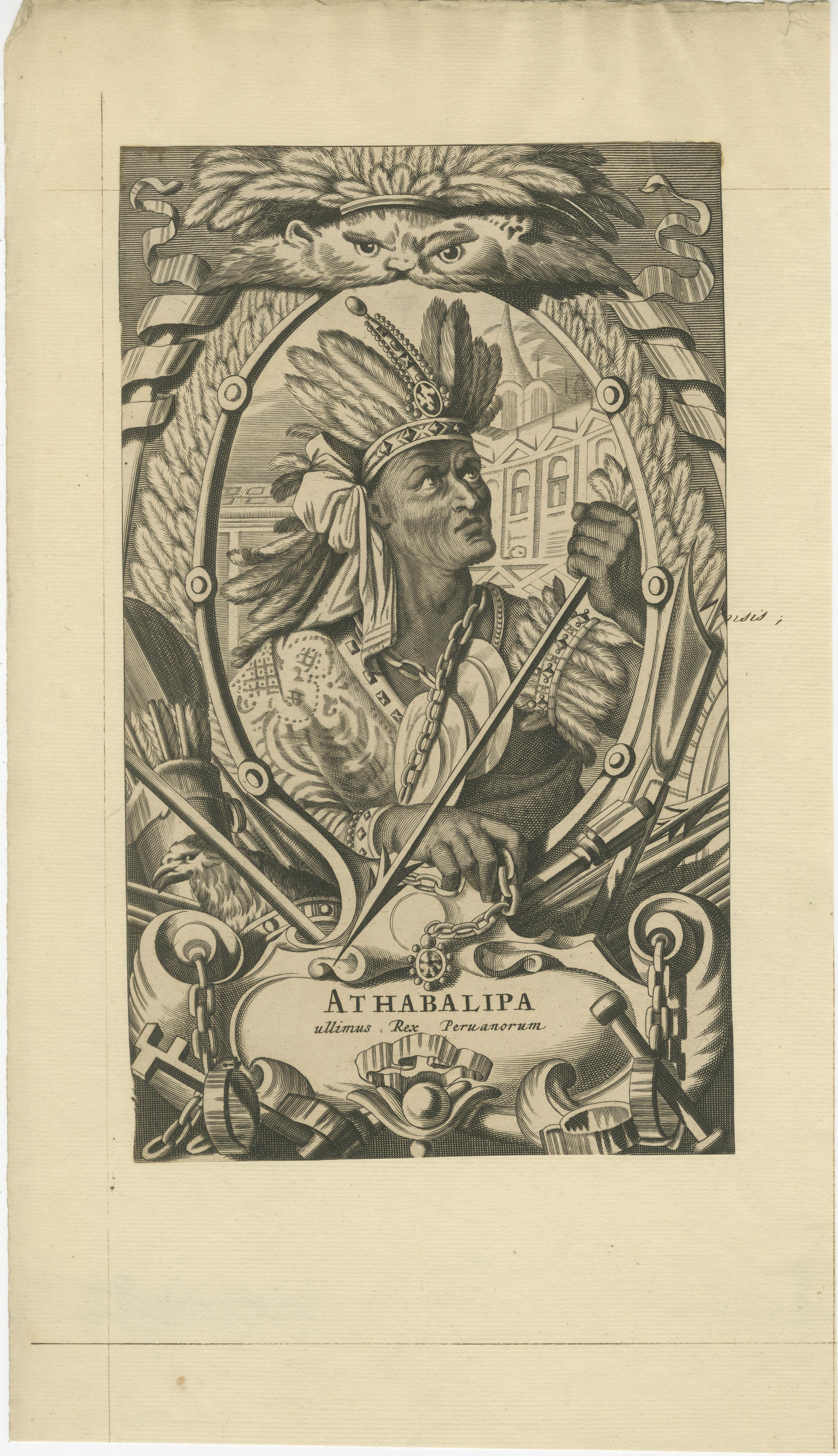 Paper Atahualpa – Last Inca Emperor of Peru – Baroque Engraving c.1700 For Sale