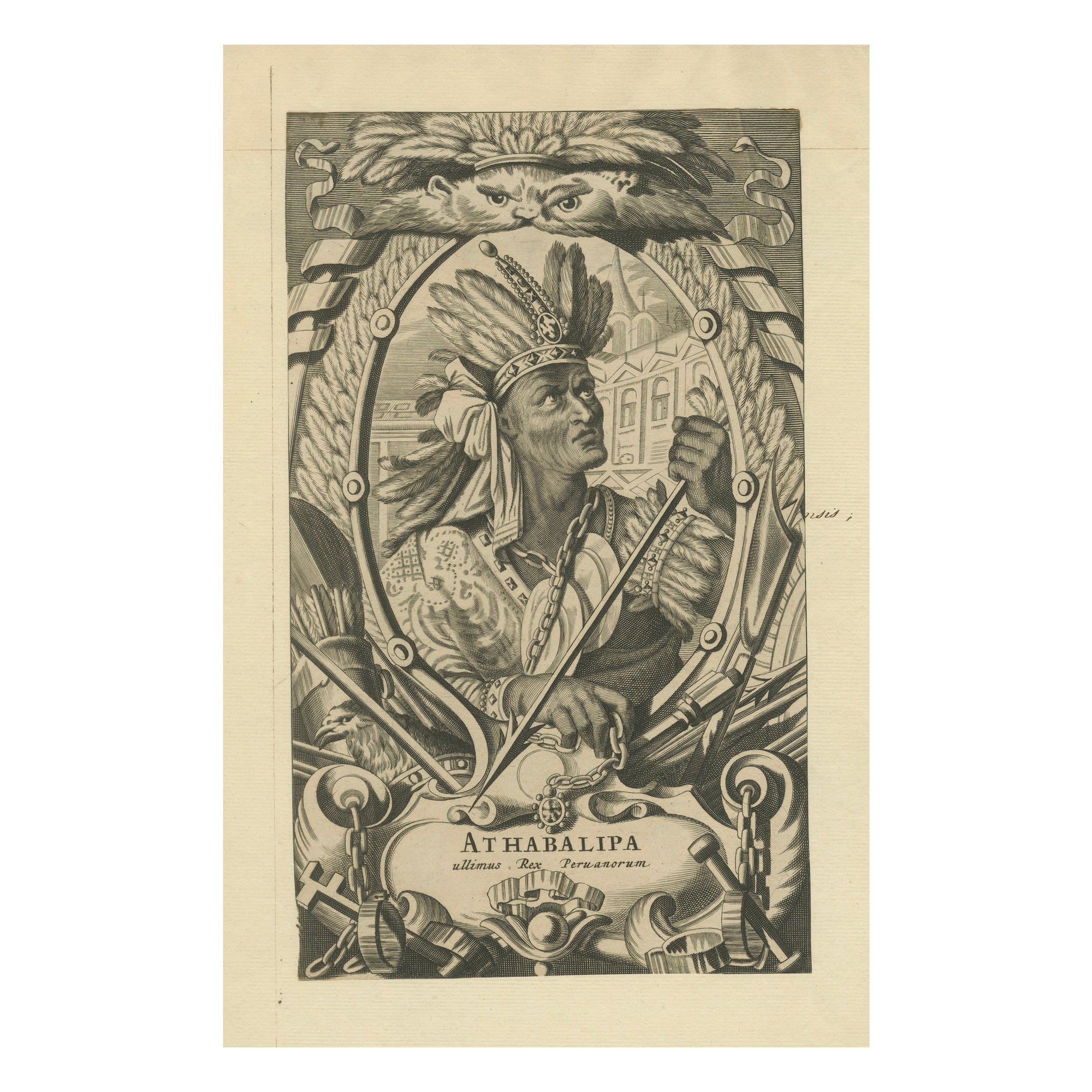 Atahualpa - Dernier empereur inca du Pérou - Gravure baroque c.1700 en vente