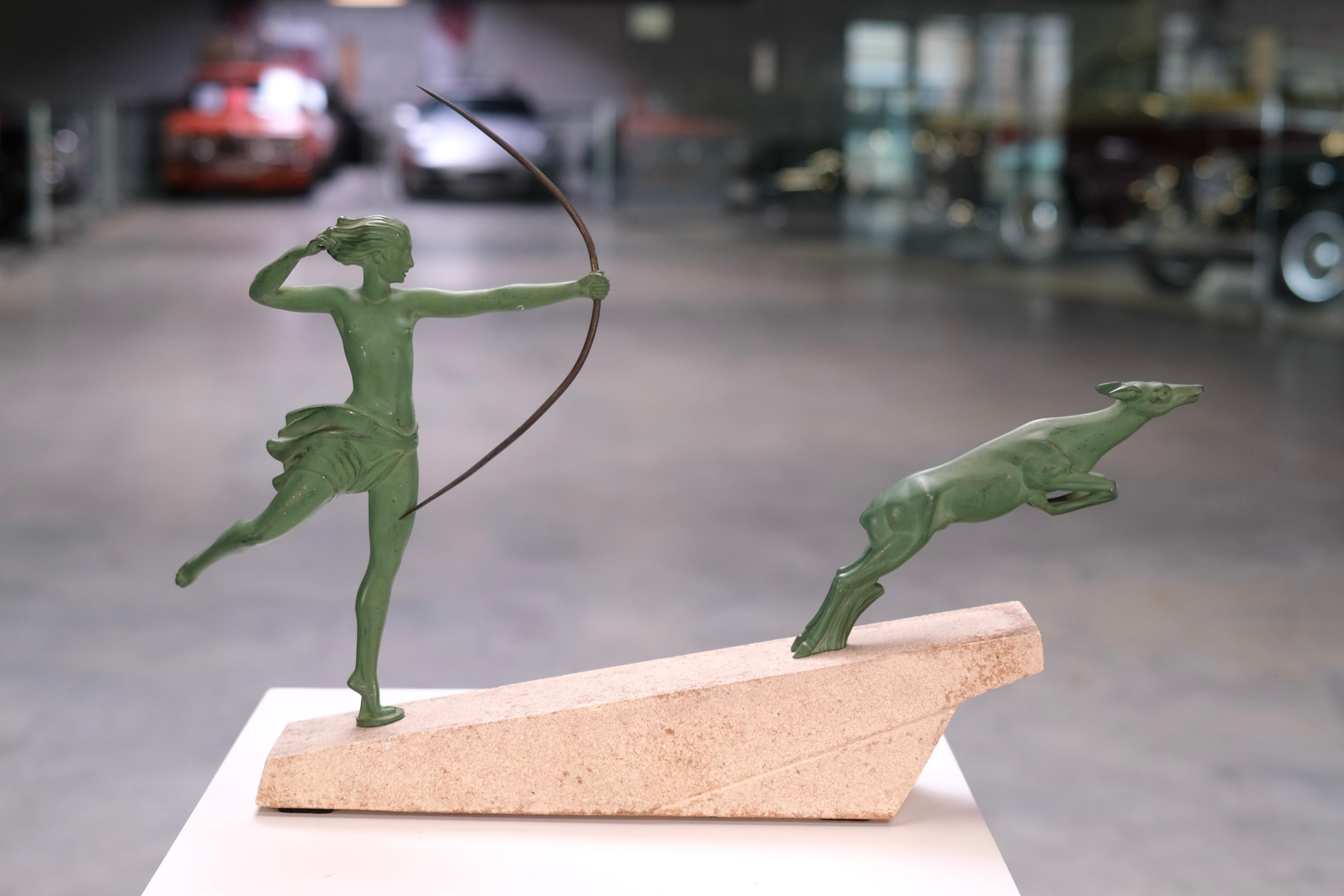 Elegant and powerful French Art Deco sculpture titled Atalante, designed by Jean de Marco (1898–1990) for Max Le Verrier in the 1920s. Though named after the mythic Greek runner, the figure is unmistakably a representation of Diana the Huntress –