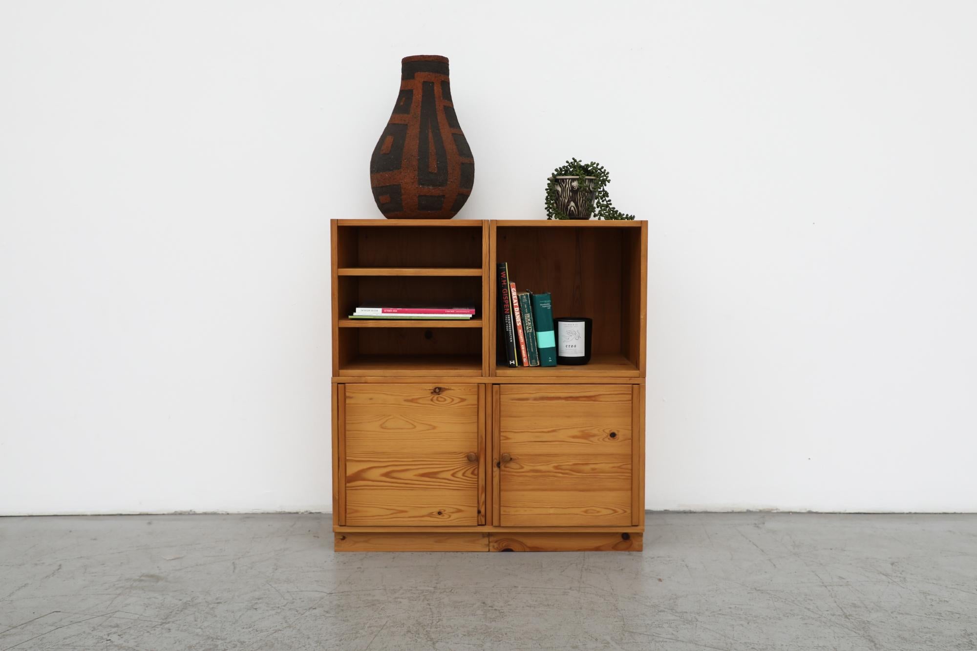 Ate Van Apeldoorn 3 piece pine cabinet set. One larger two door cabinet with  two smaller open cabinets on a square pine base. Cabinets can be wall mounted and reconfigured to your liking. Square pine base can be used if desired. Set has been