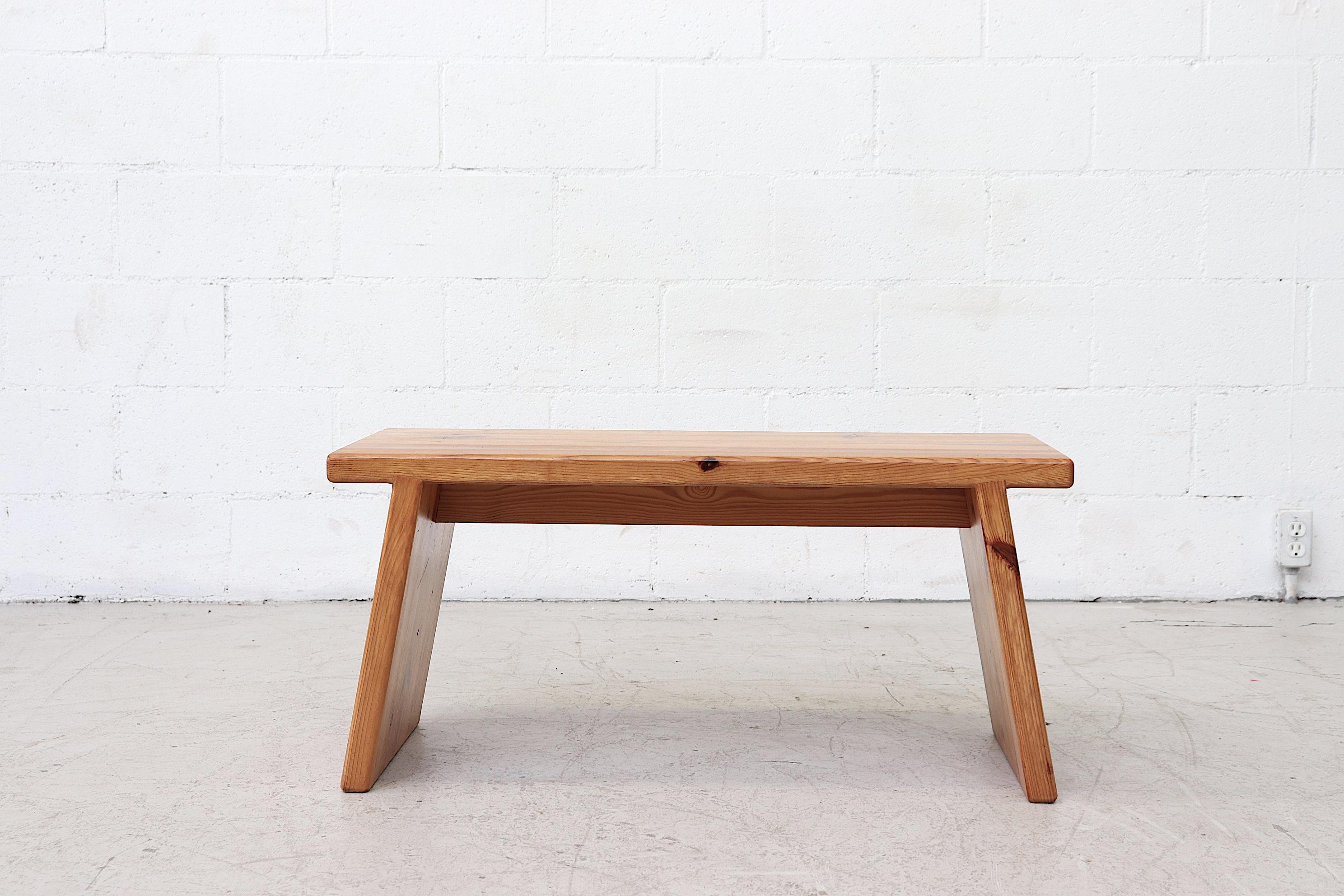 Small Ate Van Apeldoorn natural pine coffee or side table with angled pine legs. Zen-Like design. In original condition with wear consistent with its age and usage. Other similar tables available.