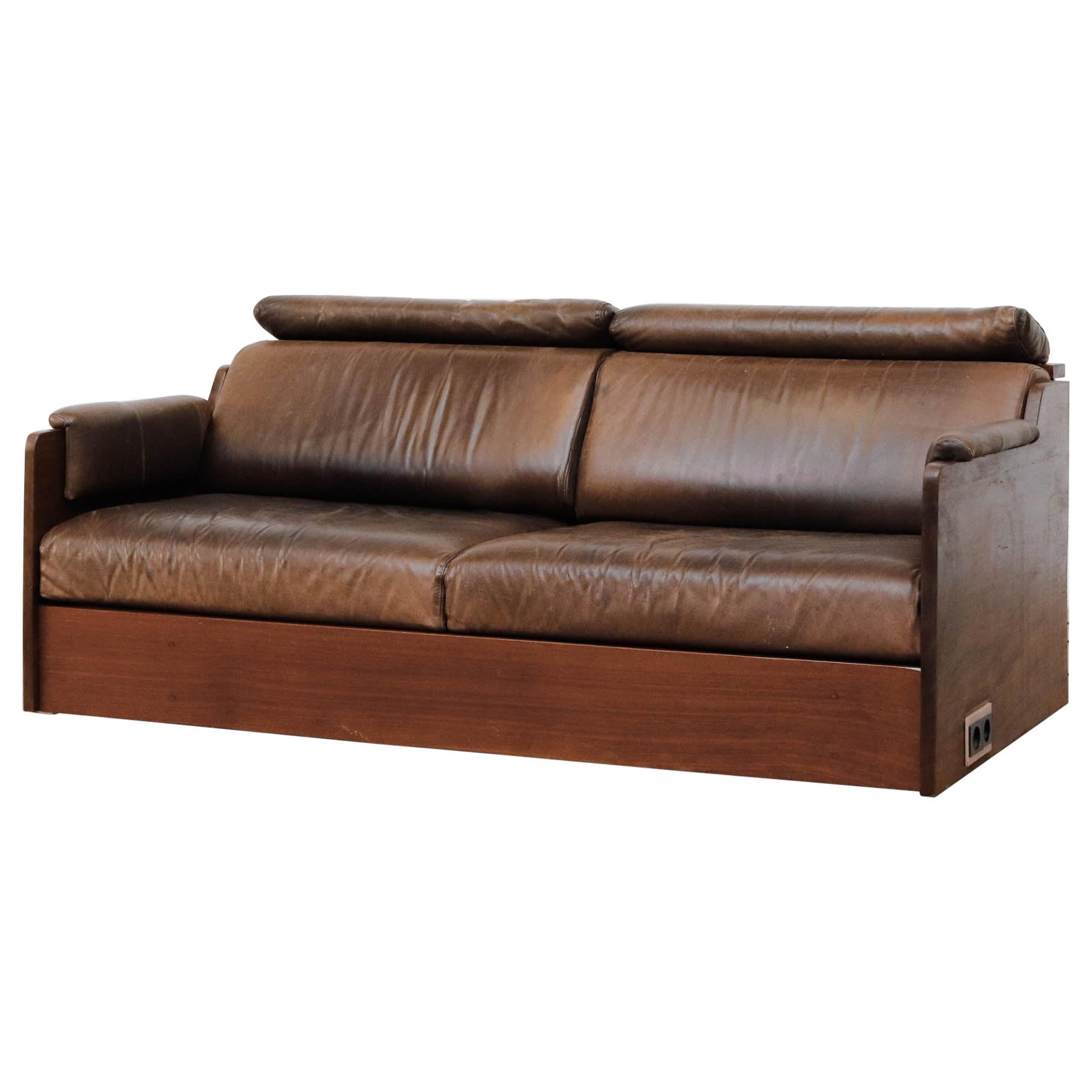 Ate van Apeldoorn Custom Solid Iroko Loveseat with Brown Leather and Outlet For Sale