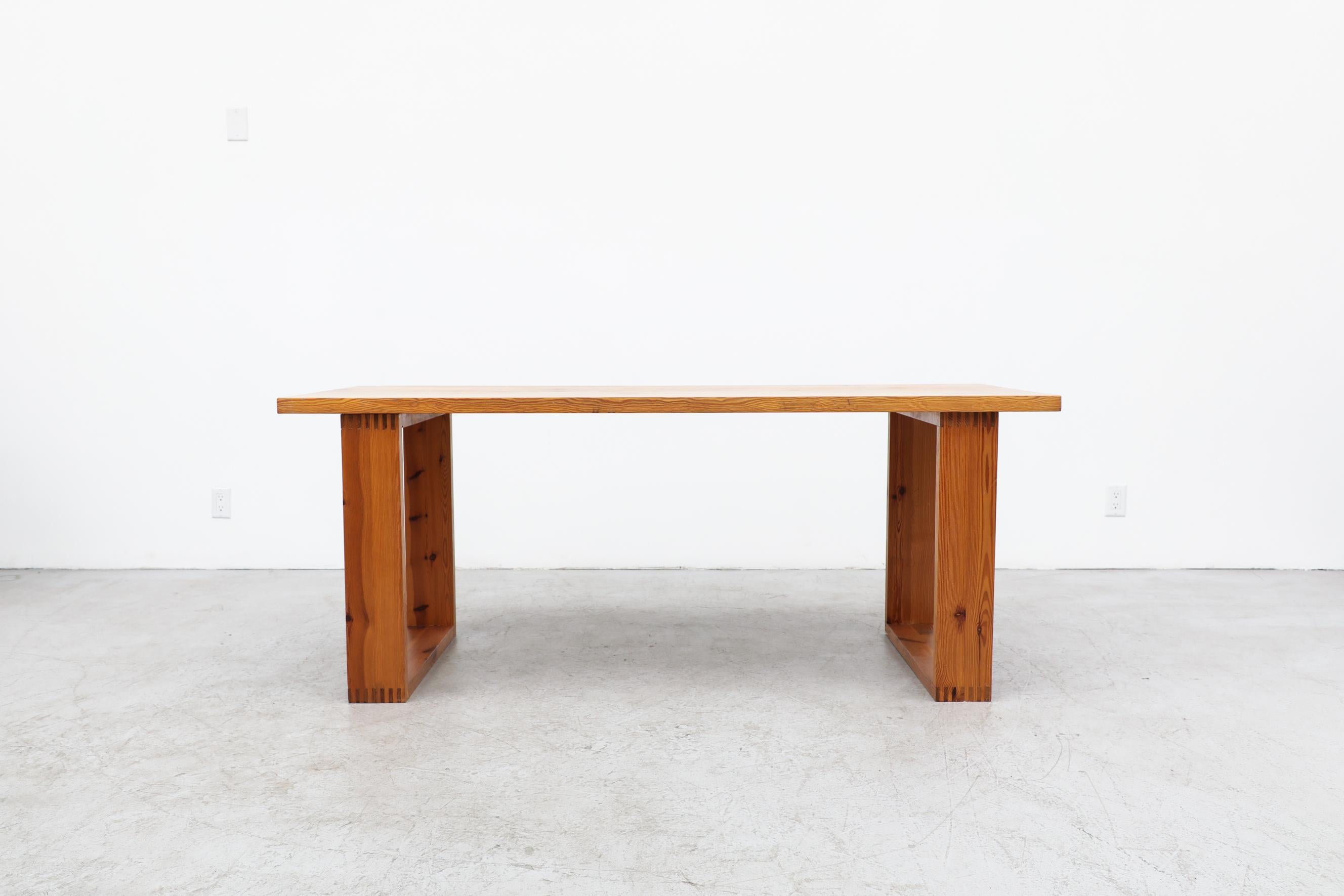 Ate Van Apeldoorn dining table or desk with square legs and simple pine top. The legs have box joint construction. It can be used as a dining table or desk. In original condition with some wear and scratching on the table top consistent with its age